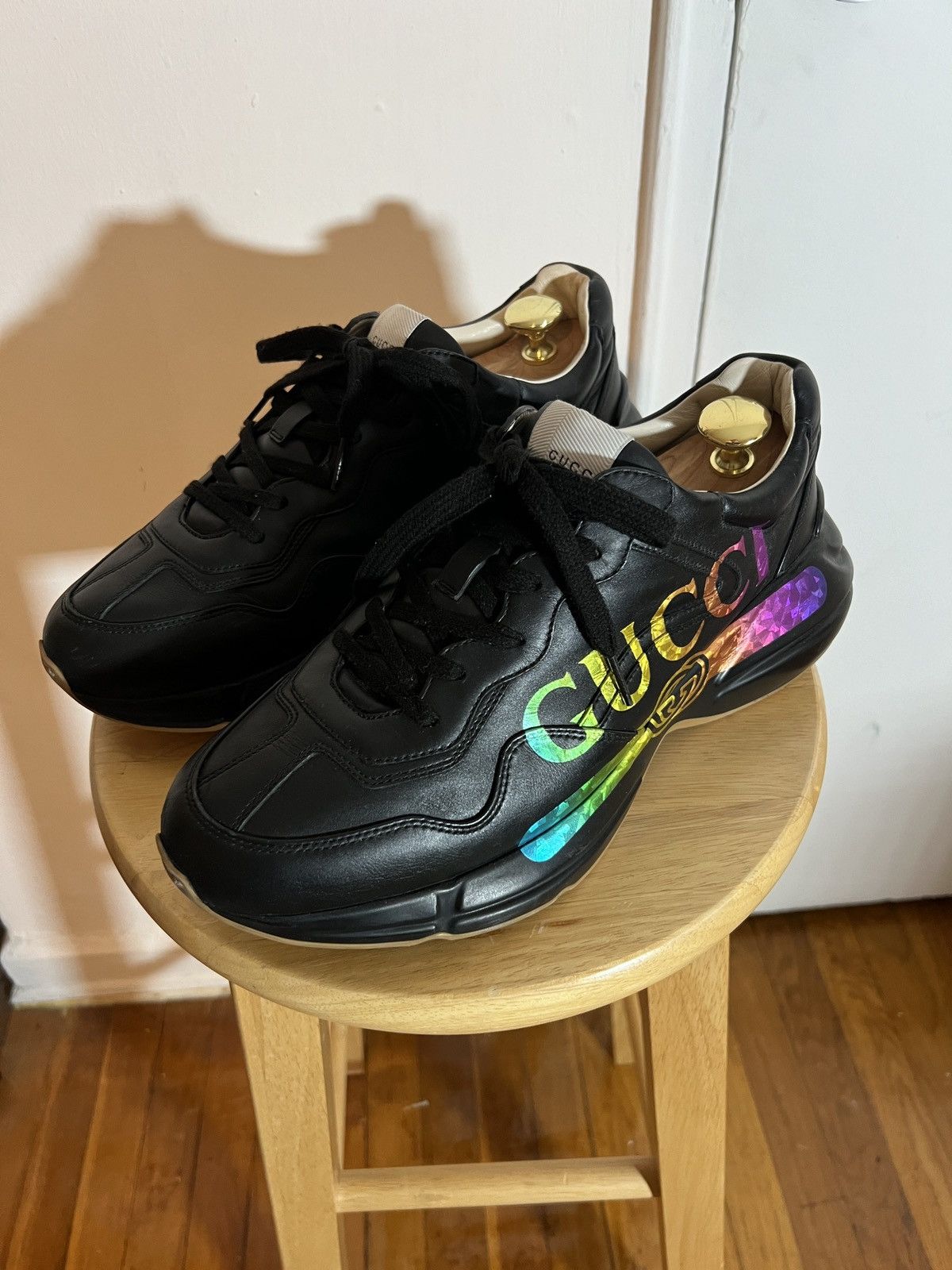 Gucci Gucci Rhyton Rainbow Iridescent Logo Black Leather Sneaker Grailed