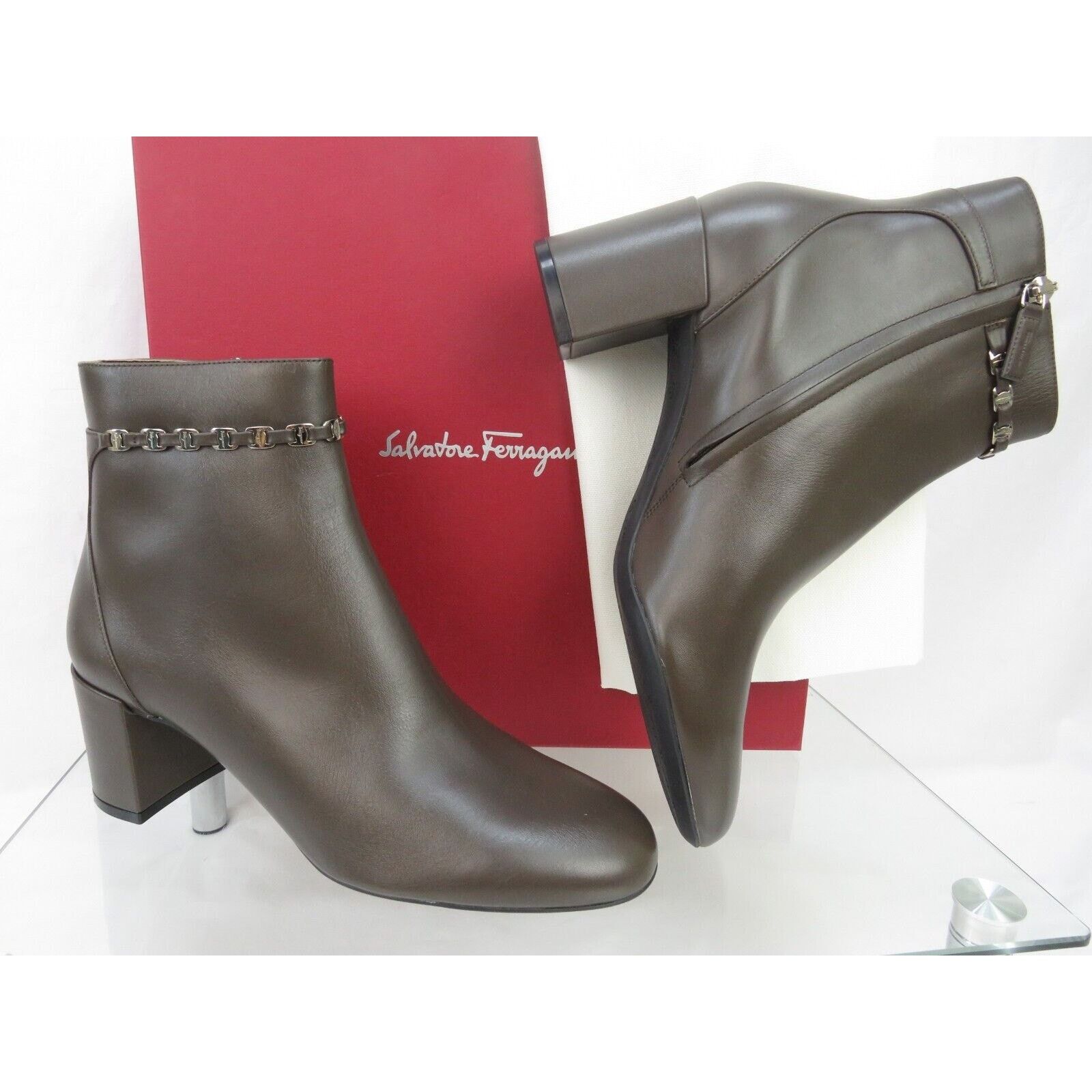 Salvatore Ferragamo NEW GHILA BROWN LEATHER GANCINI CHAIN ZIP ANKLE BOOTS 6.5 C Size US 6.5 / IT 36.5 - 2 Thumbnail
