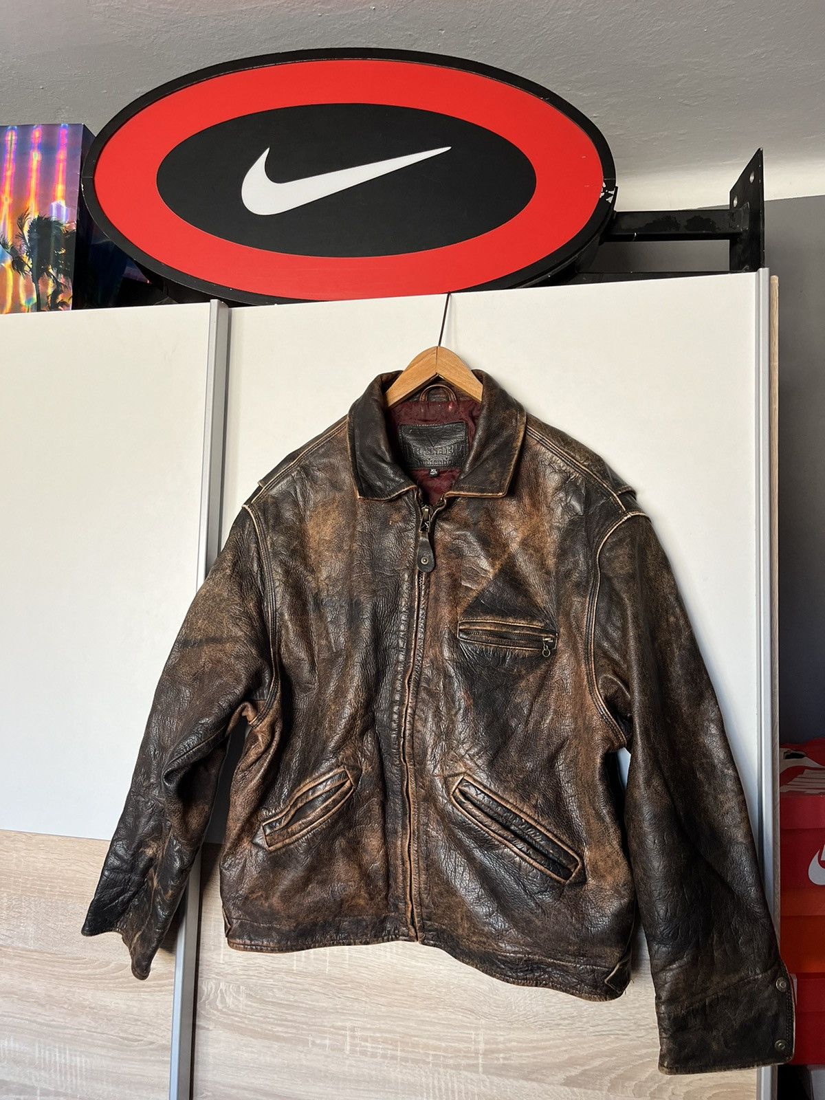 Guess × Vintage Vintage 90’s Guess Heavy Distressed Leather Jacket Designer Size US XL / EU 56 / 4 - 1 Thumbnail
