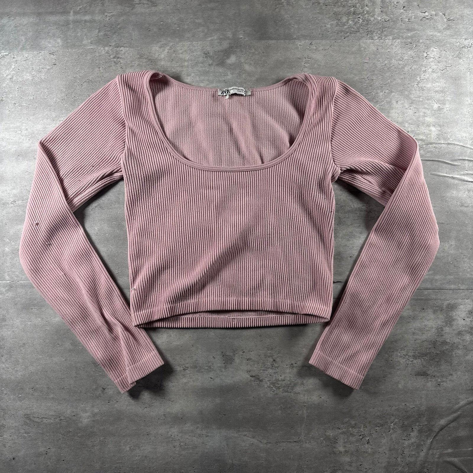 Zara Zara Pink Ribbed Square Neck Long Sleeve Crop Top Size S / US 4 / IT 40 - 1 Thumbnail
