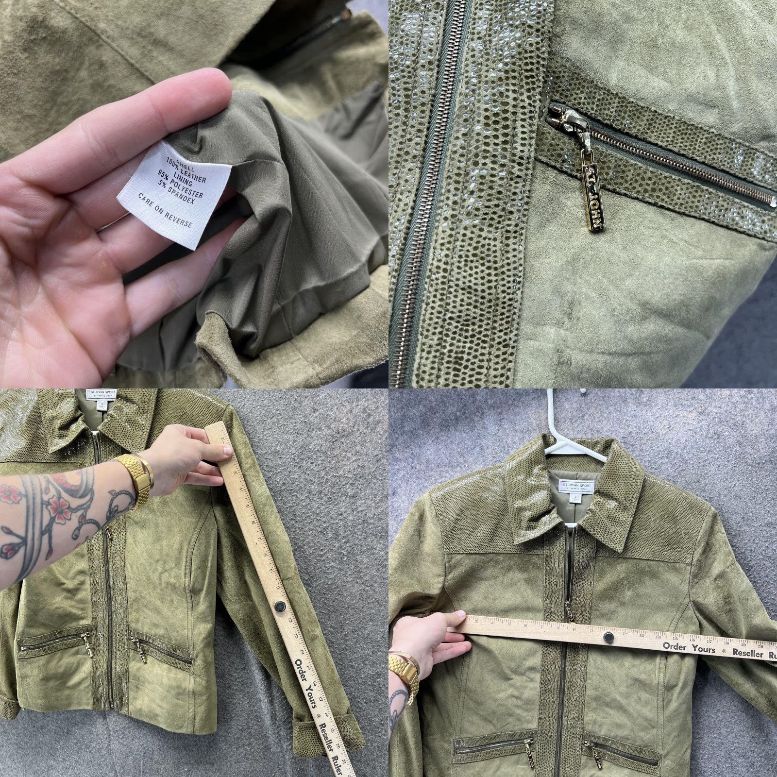 St. John VINTAGE St John Sport Jacket Womens S Green Leather Full Zip Moto Pockets Textured Size S / US 4 / IT 40 - 8 Thumbnail