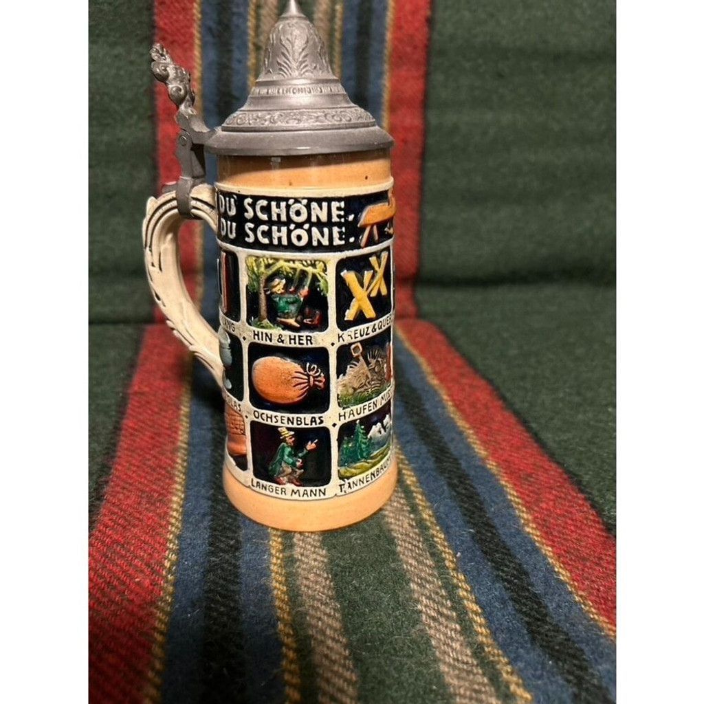 The Unbranded Brand 2 Large 20th Century German Ceramic Beer SteinwithPewter Lid Size ONE SIZE - 15 Thumbnail