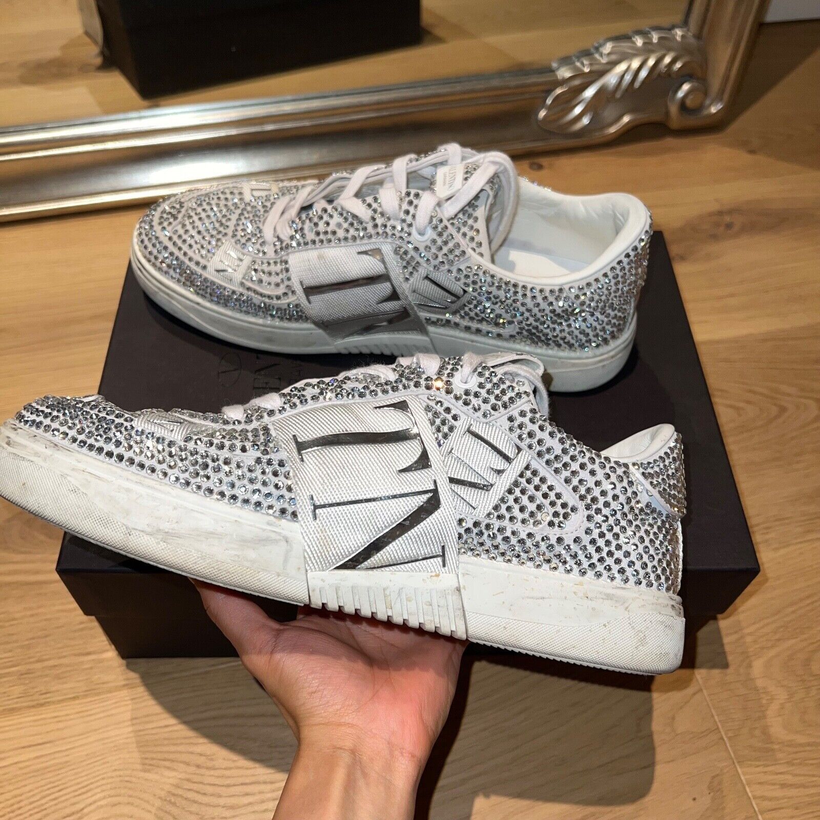 image of Valentino Mens White Silver 43 Uk 9 Studded Sneakers