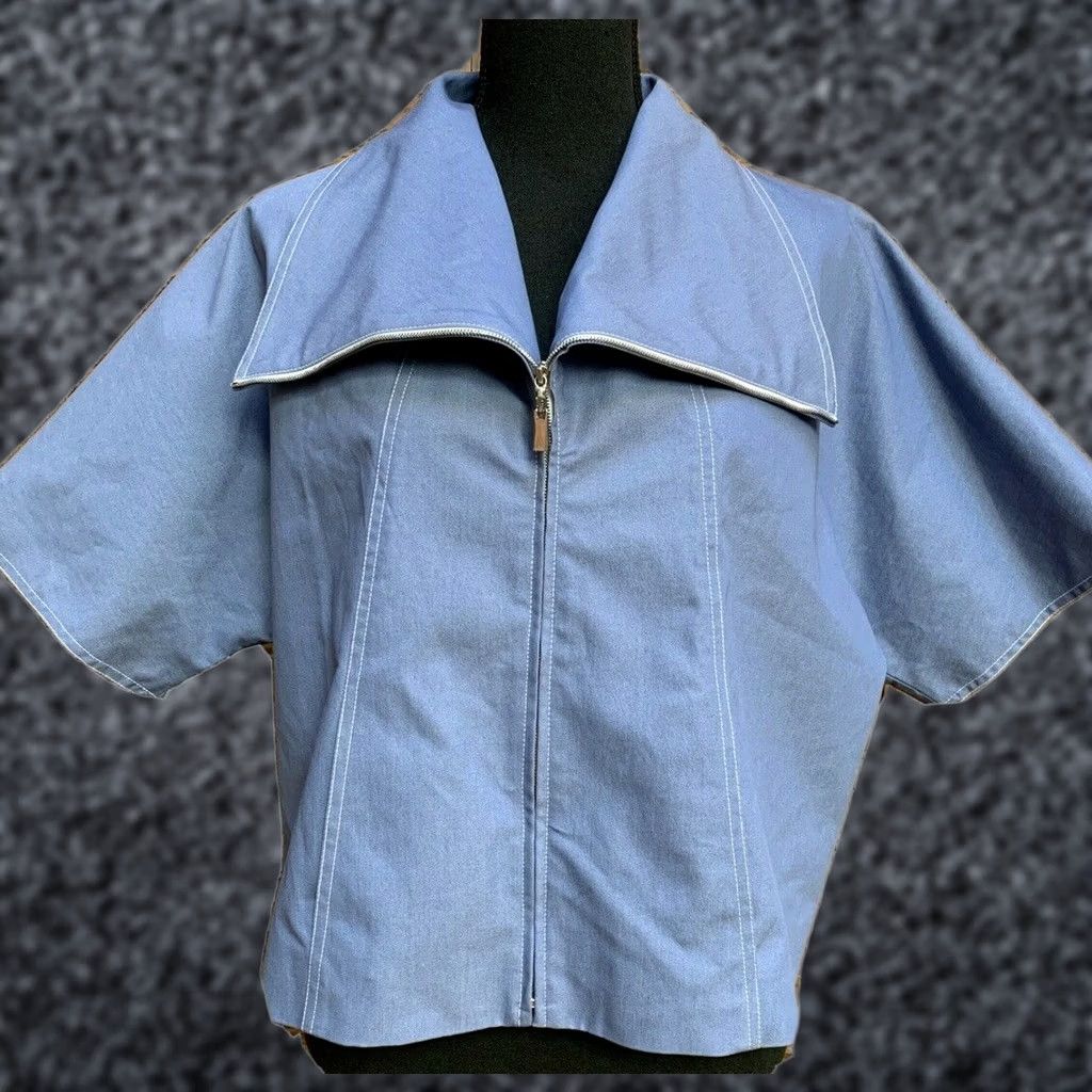 Vintage Doncaster Collection Womens Full Zip Cropped Jacket Mock Neck Short Sleeve Blue Size 6 Size 28" / US 6 / IT 42 - 1 Thumbnail
