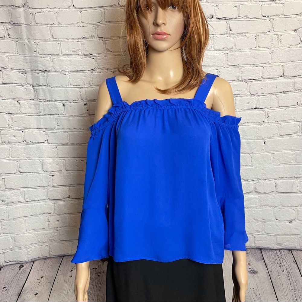 J.Crew J. Crew Blue Silk Ruffle Silk Cold Shoulder Blouse Size XS / US 0-2 / IT 36-38 - 8 Thumbnail