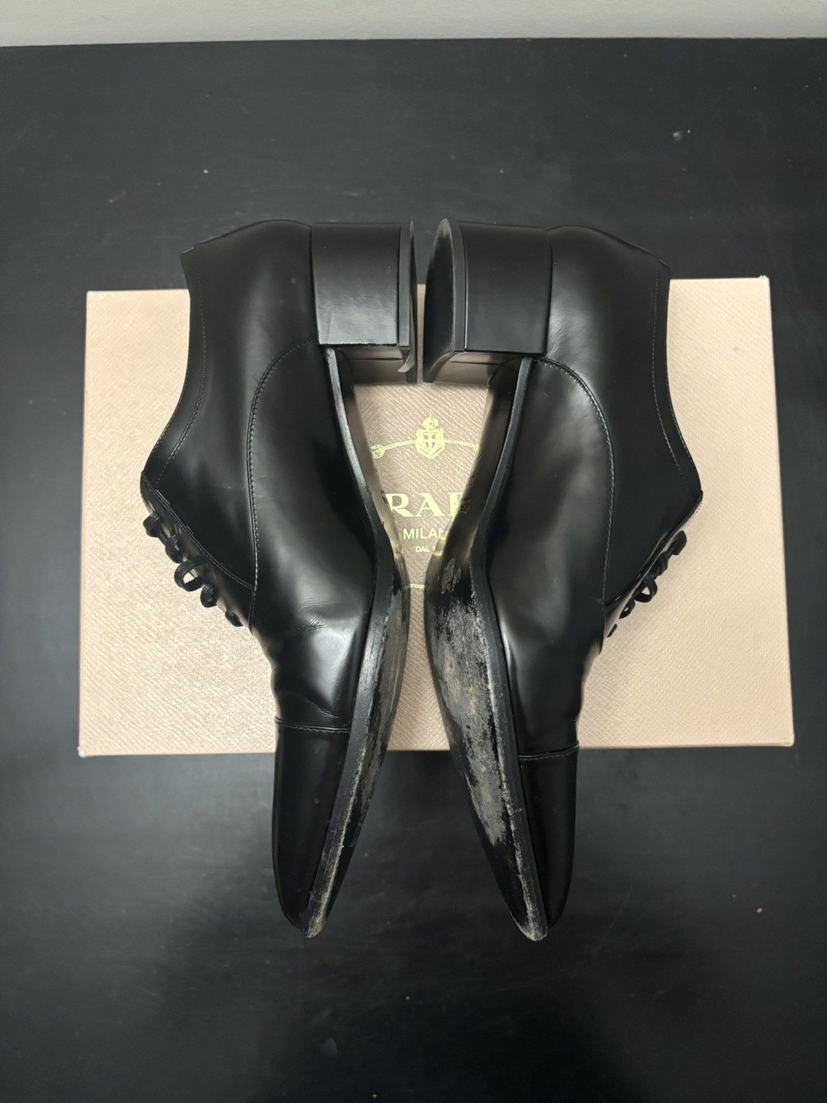 Prada Prada Heeled Derby Leather Loafer Black Size US 7.5 / IT 37.5 - 3 Thumbnail