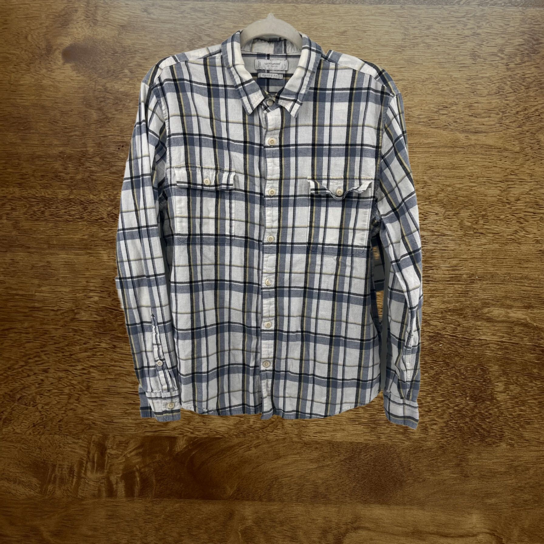 Lucky Brand Shirt Mens L White Blue Plaid Classic Fit Button Down Linen Blend Long Sleeve, Men's