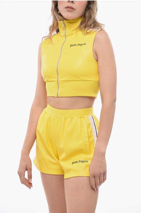 image of Palm Angels Eco-Leather Crop Top With Front Zip in Yellow, Women's (Size XS)