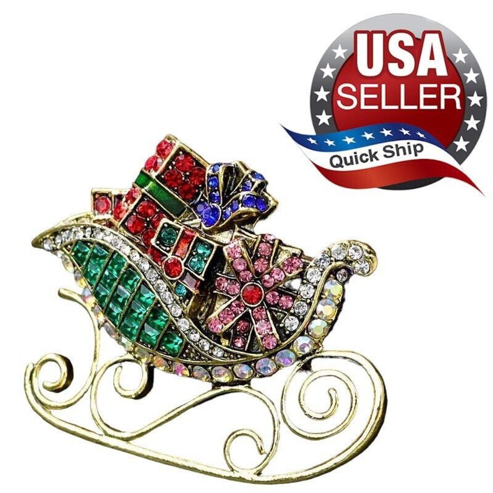 Other Christmas Sleigh Brooch • Red Green White Blue Pink AB's Size ONE SIZE - 1 Thumbnail