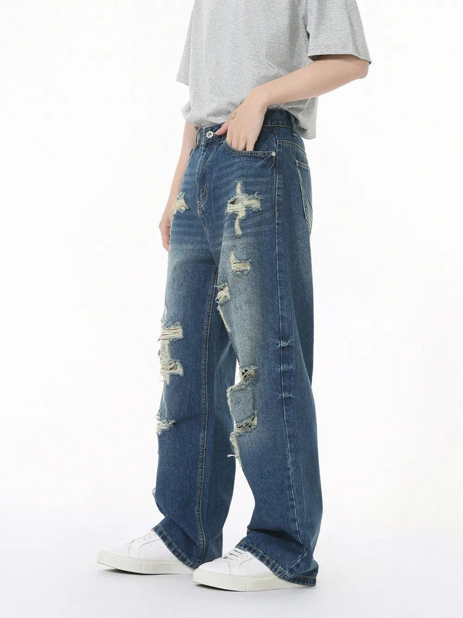Japanese Brand Retro wide leg loose ripped jeans Size US 32 / EU 48 - 4 Thumbnail