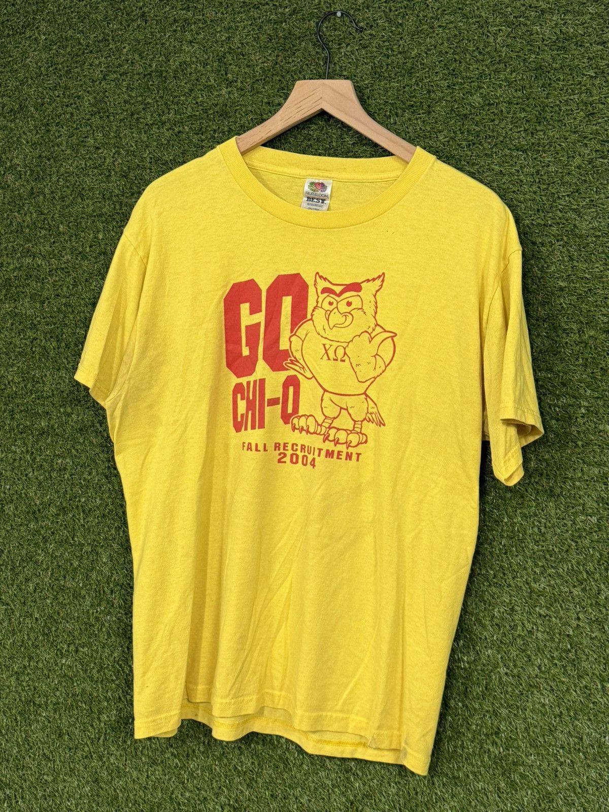 Fruit Of The Loom Vintage Chi Omega Owl Fall Sorority Rush Tee Yellow Large Size US L / EU 52-54 / 3 - 1 Thumbnail