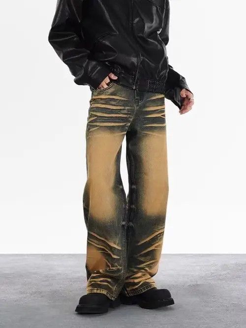 Japanese Brand × Jean Retro yellow mud dyed water ripple jeans Size US 32 / EU 48 - 1 Thumbnail