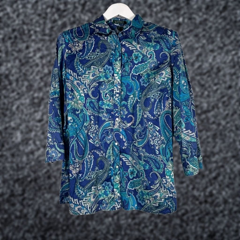 Ralph Lauren Lauren Ralph Shirt Womens 1X Blue Paisley Button Cotton Sleeves Size XL / US 12-14 / IT 48-50 - 1 Thumbnail