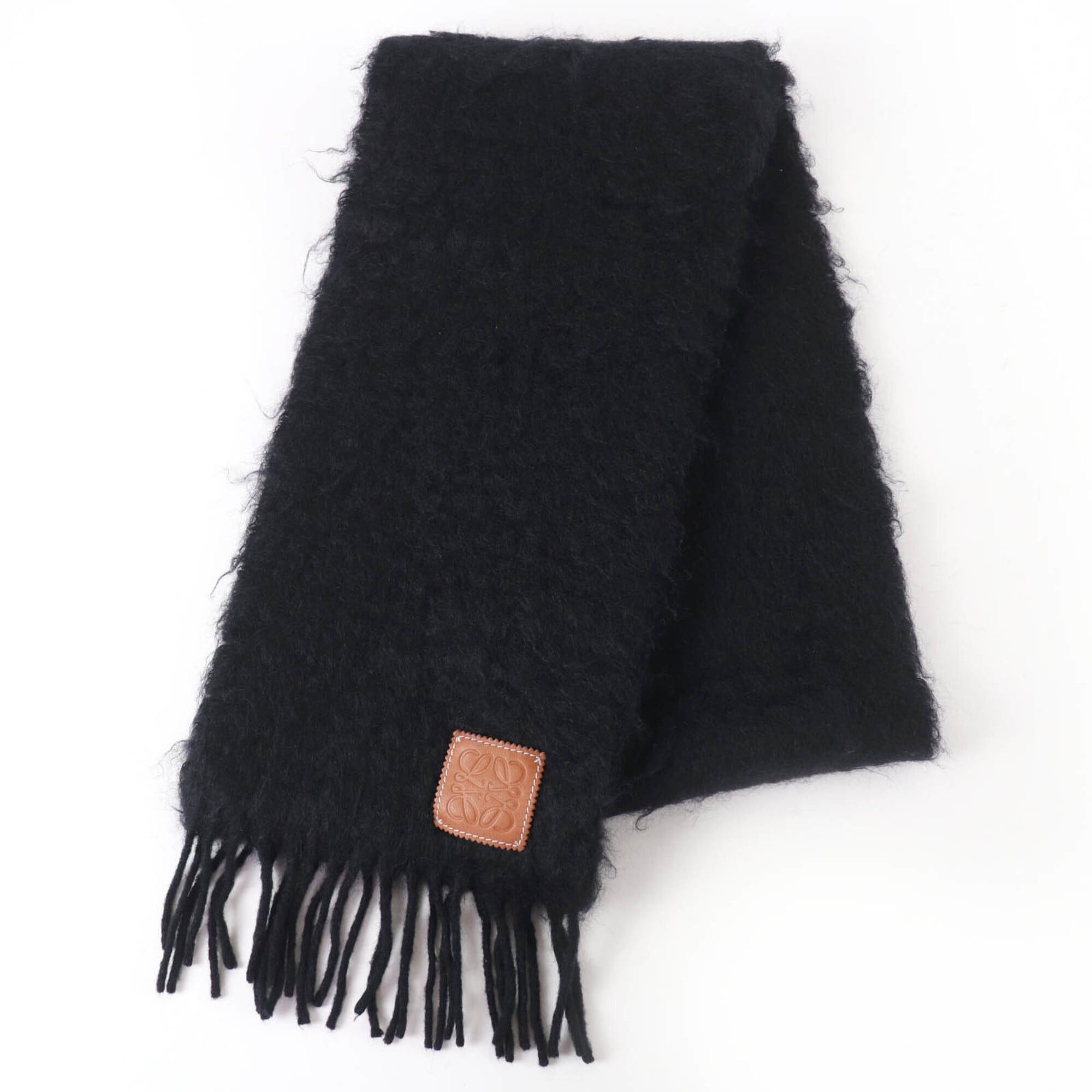 Loewe LOEWE Mohair Wool Anagram Leather Patch Fringe Scarf, Black, Made in Spain, Authentic, Women's Size ONE SIZE - 1 Thumbnail