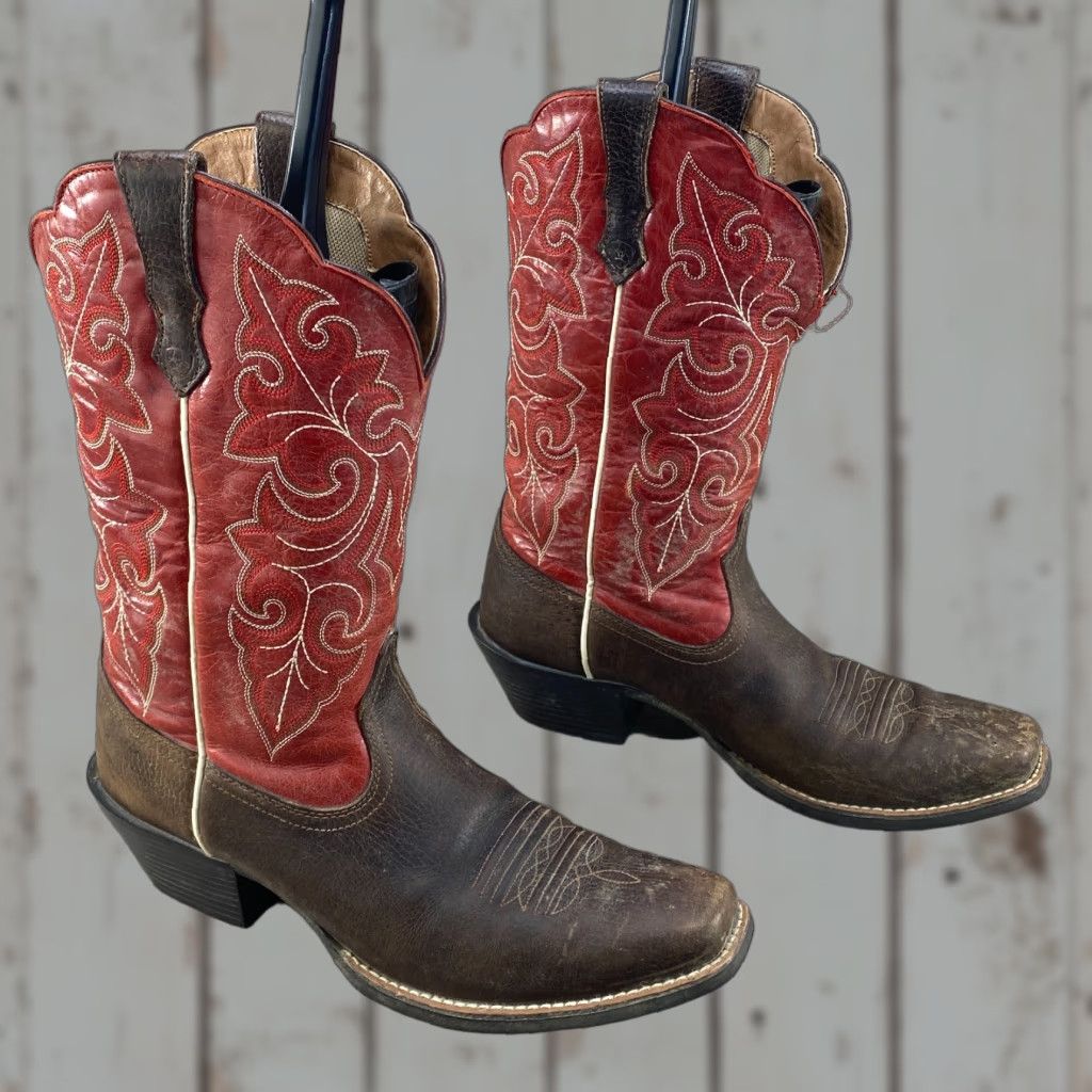 Ariat Ariat Ladies 9.5 B Cowboy Round Up Square Toe Brown & Red Leather Western Boots Size US 7 / IT 37 - 1 Thumbnail