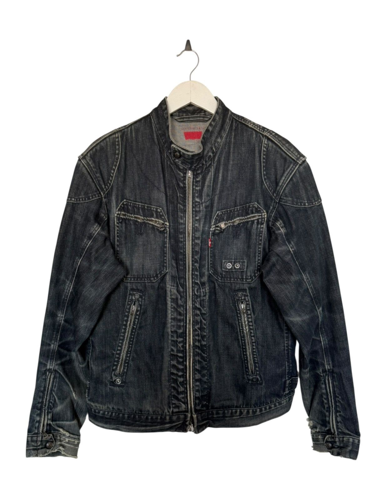 Levi's Levi’s Navy Washed Distressed Double Zip Biker Denim Jacket Size US XL / EU 56 / 4 - 1 Thumbnail