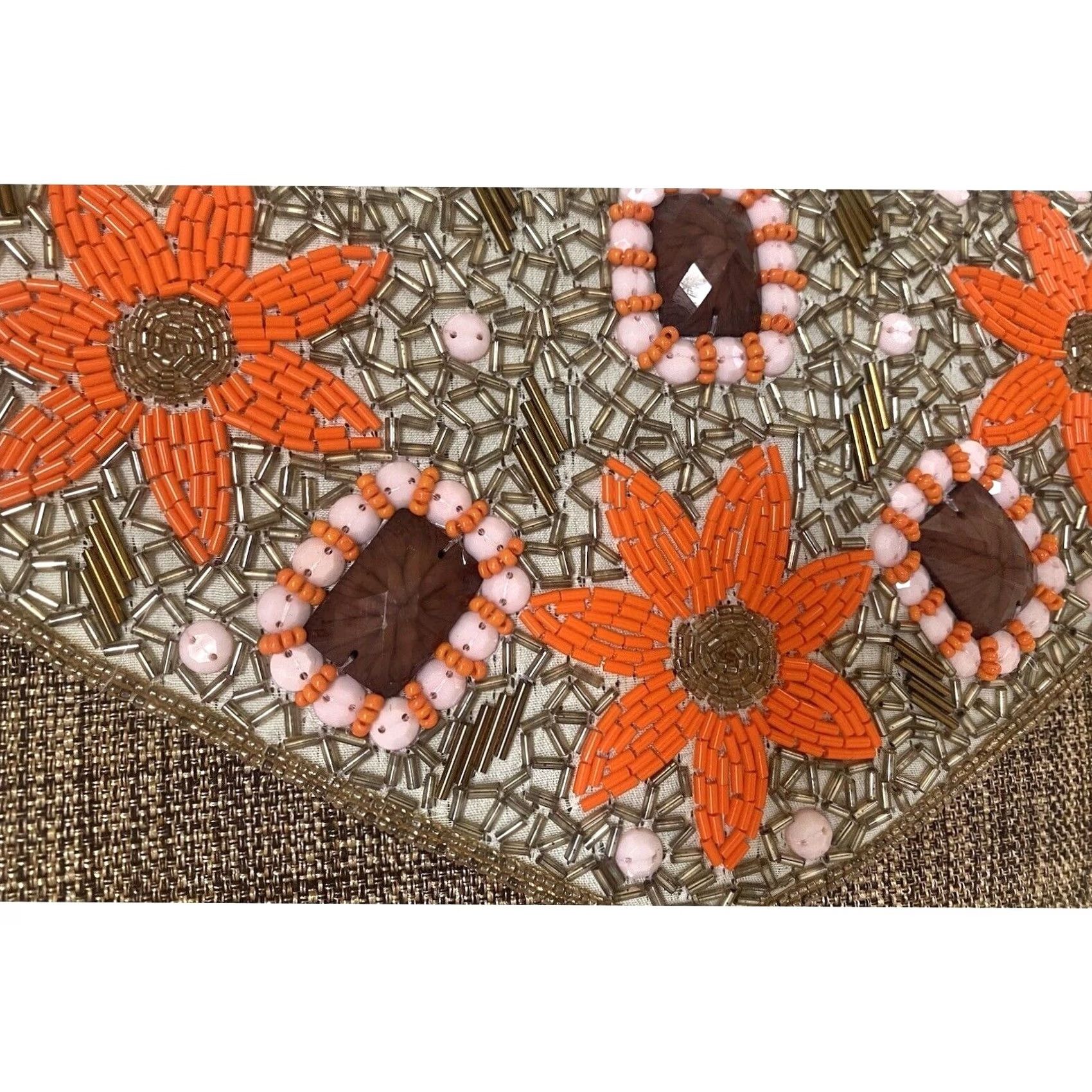 Vintage David Jeffrey Beaded Clutch Purse w/Shoulder Strap Tan Brown Orange Flowers Size ONE SIZE - 2 Thumbnail