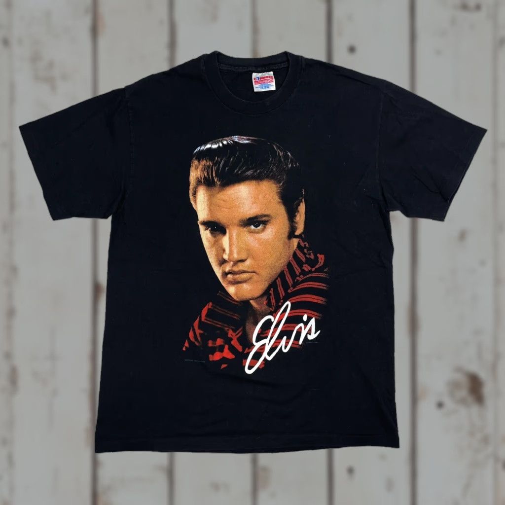 VINTAGE Elvis Presley Black T-Shirt Logo Hanes Men L 90s 80s Graphic Crew Neck Short Sleeve Mens Large