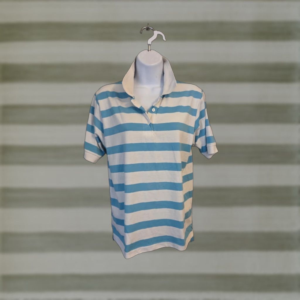 Vintage VINTAGE Stefano Worldwide Aqua White Stripe Polo Shirt M Women’s Polo Shirt Stripe 80s Womens M Size M / US 6-8 / IT 42-44 - 1 Thumbnail