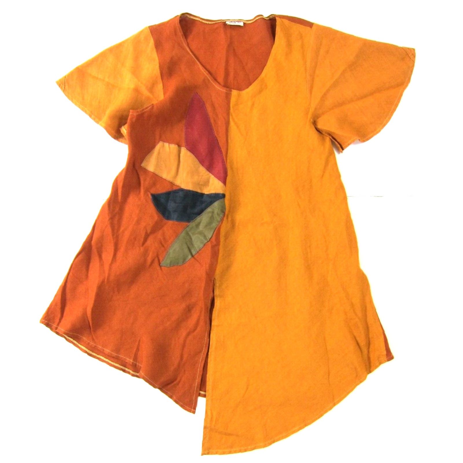 Vintage Calamo Blouse 100% Linen Made In Italy Orange Green Asymmetrical Long Medium Womens Shirt Size M / US 6-8 / IT 42-44 - 2 Thumbnail
