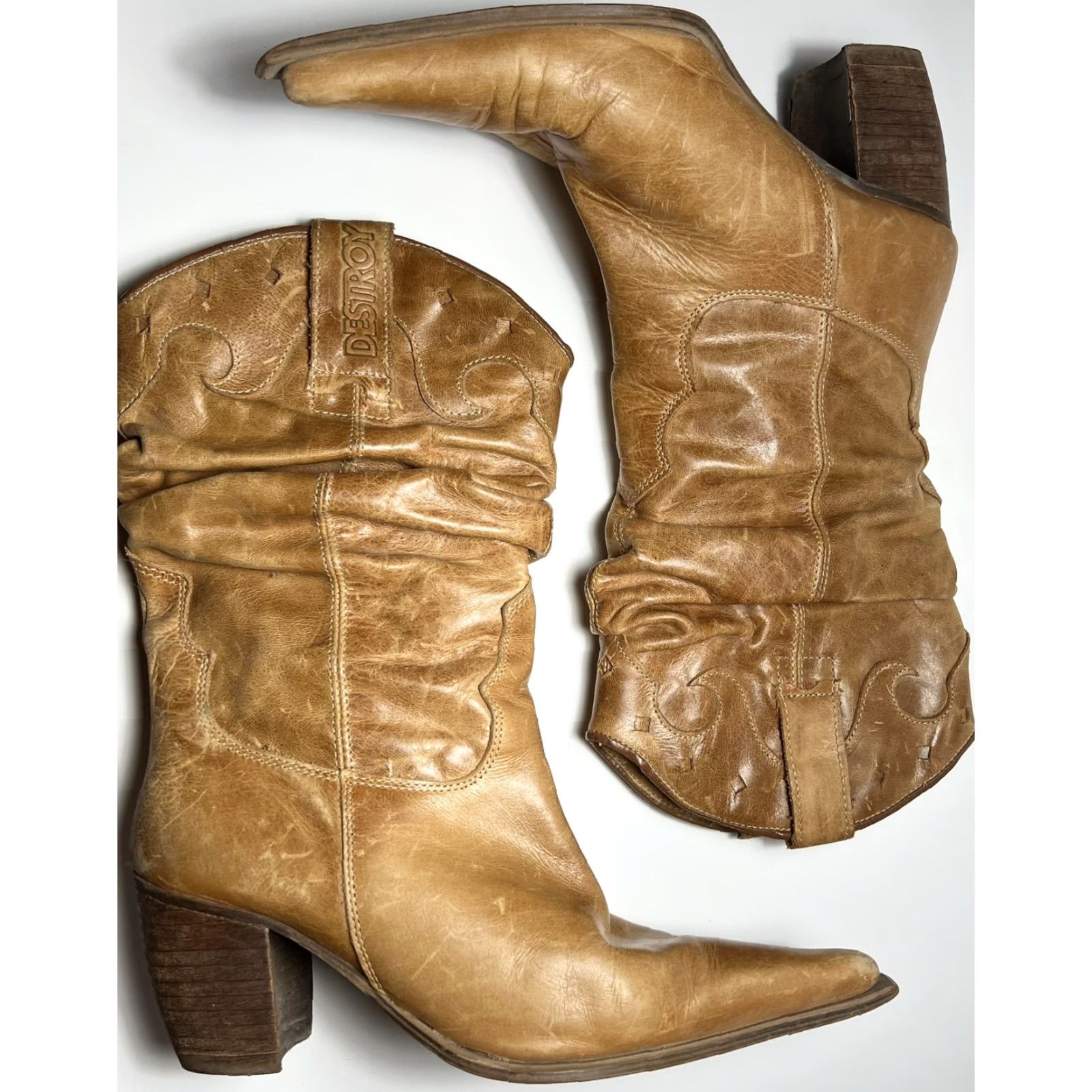 Vintage DESTROY Vintage Western Slouch Boots Tan Leather 37 / 6.5 Brown Tooled Pointed Toe Female Women Cowboy Western Boots Size US 7 / IT 37 - 3 Thumbnail