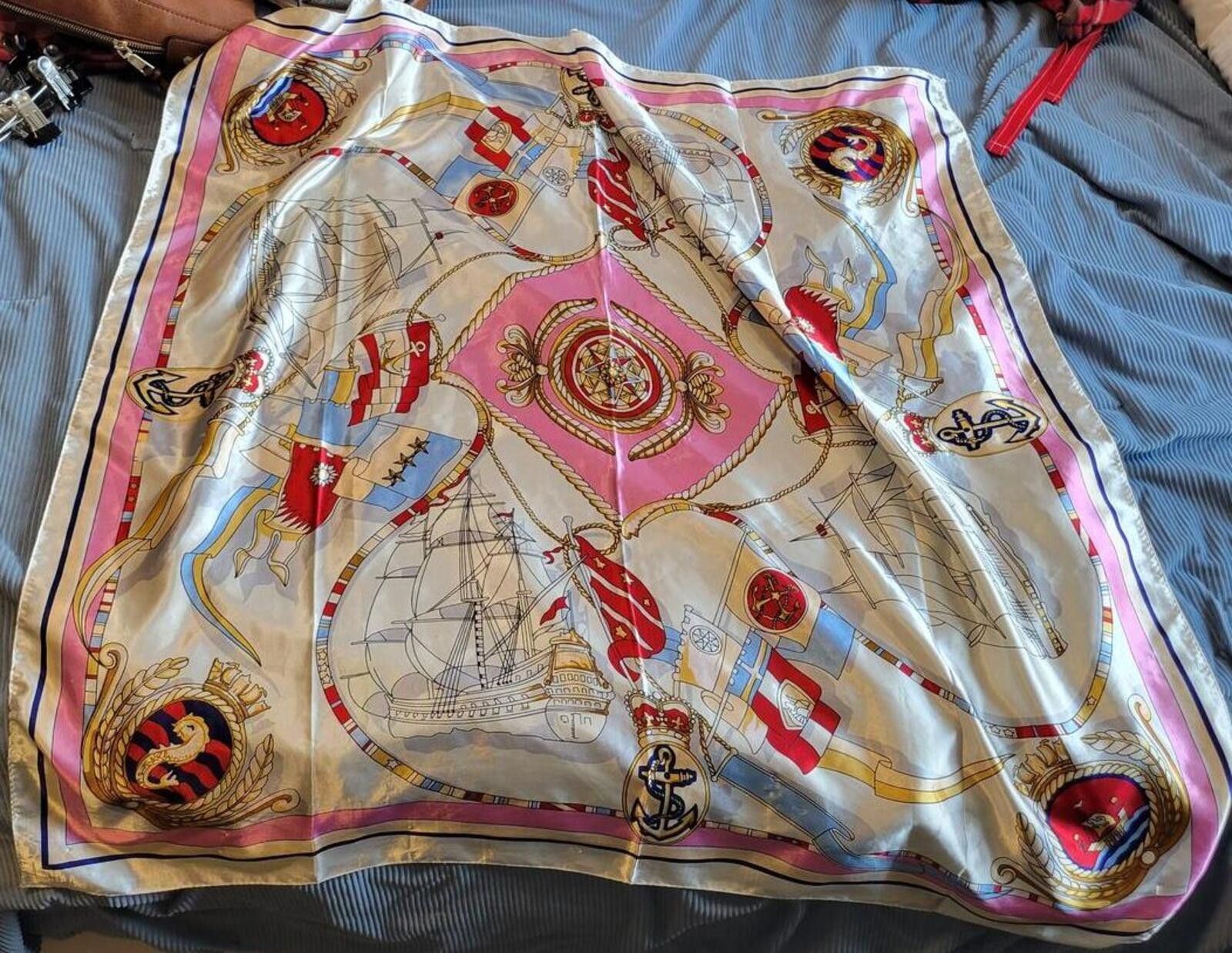 Unknown London Vintage Nautical Print Silk Scarf with Pink and Gold Accents Size ONE SIZE - 3 Thumbnail