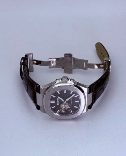 Japanese Brand Seiko Mod Nautilus Black Open Dial Steel Watch Leather 41mm Size ONE SIZE - 4 Thumbnail