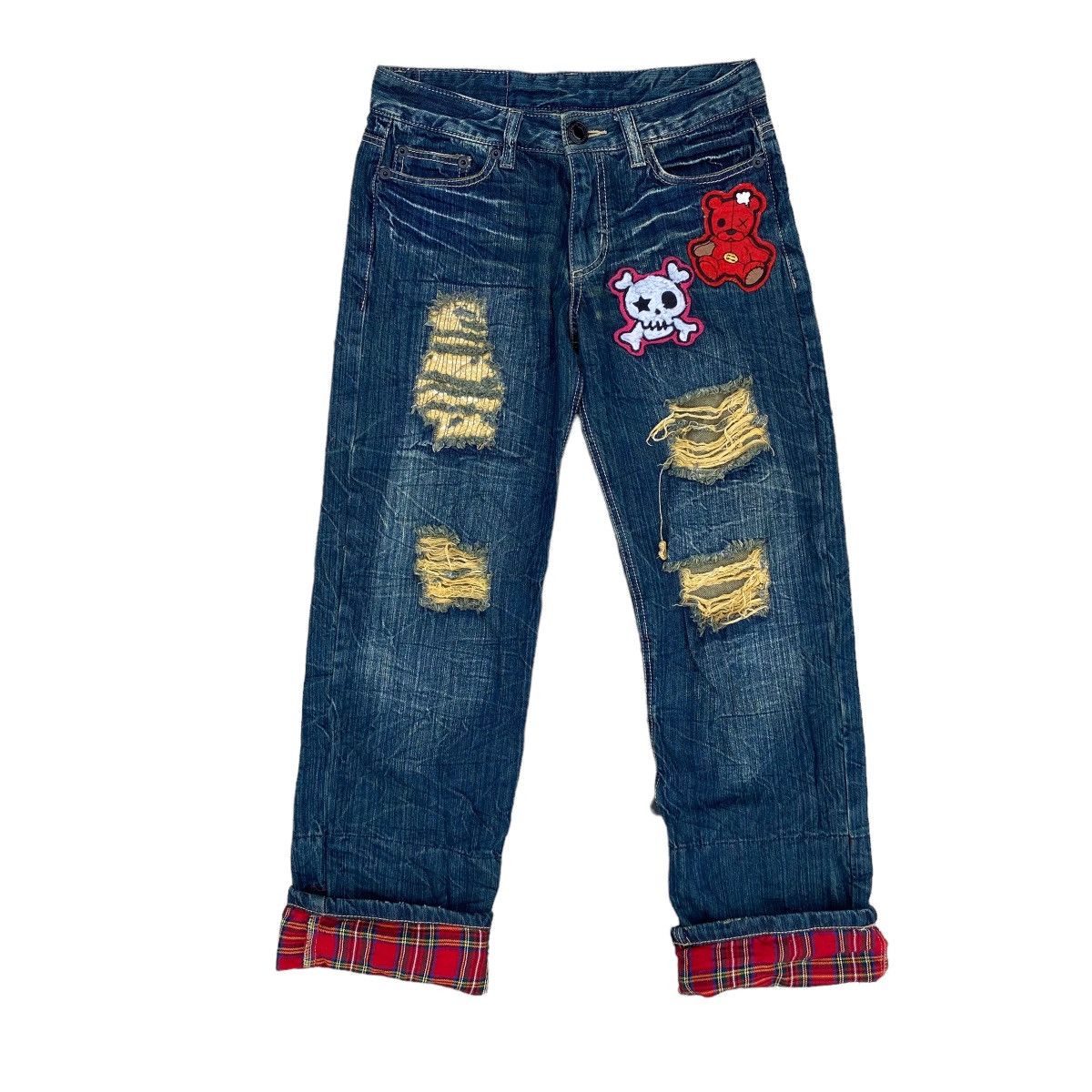 image of Avant Garde x Distressed Denim Back And Forth Ripped Patches Denim Jeans in Blue Denim (Size 32)