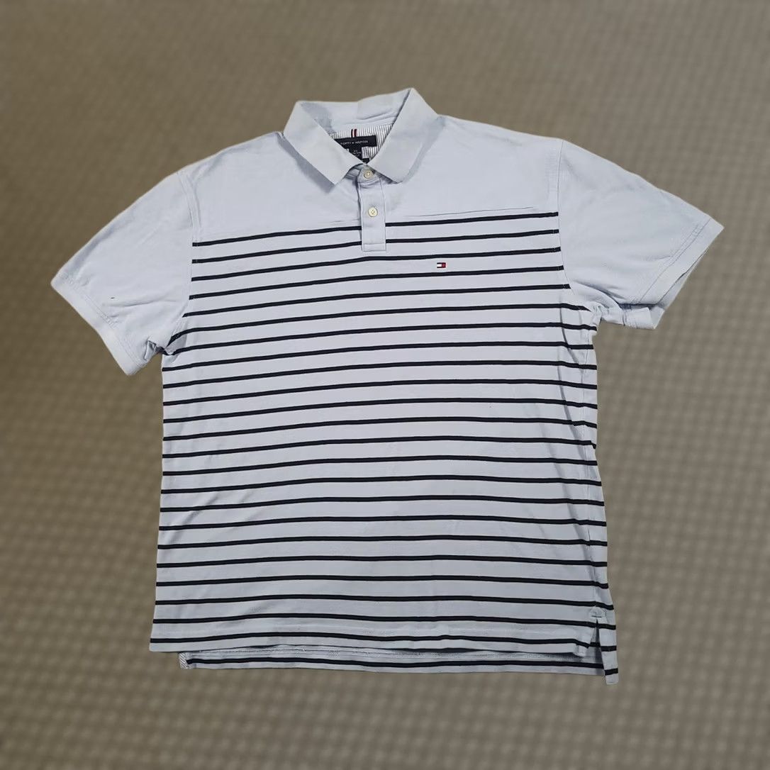 Tommy Hilfiger Tommy Hilfiger Polo Shirt Mens 2XL Light Blue Navy Striped Regular Fit Pique Size US XXL / EU 58 / 5 - 1 Thumbnail