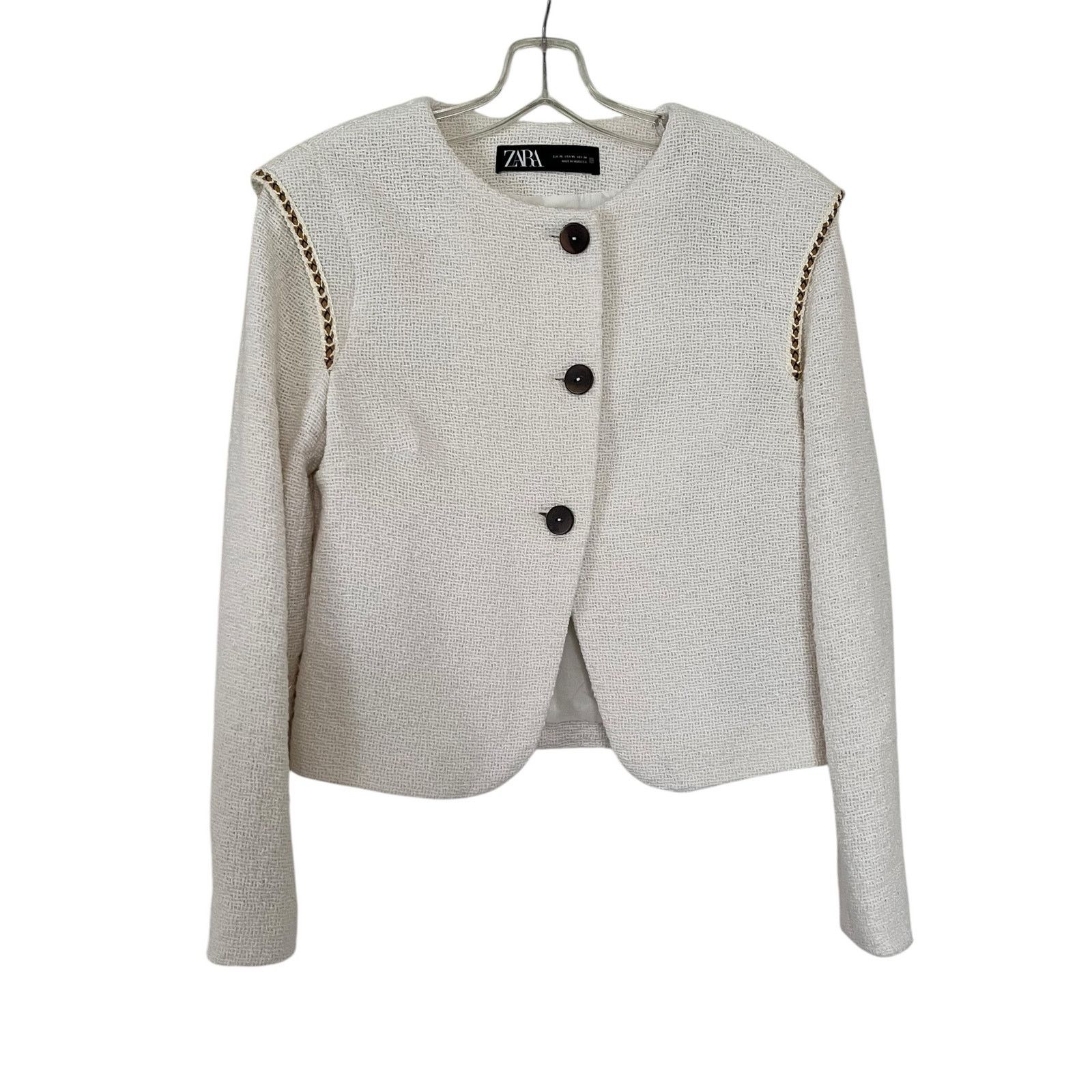 Zara ZARA Pronounced Shoulder Textured Jacket Ecru Cream Size XS / US 0-2 / IT 36-38 - 2 Thumbnail