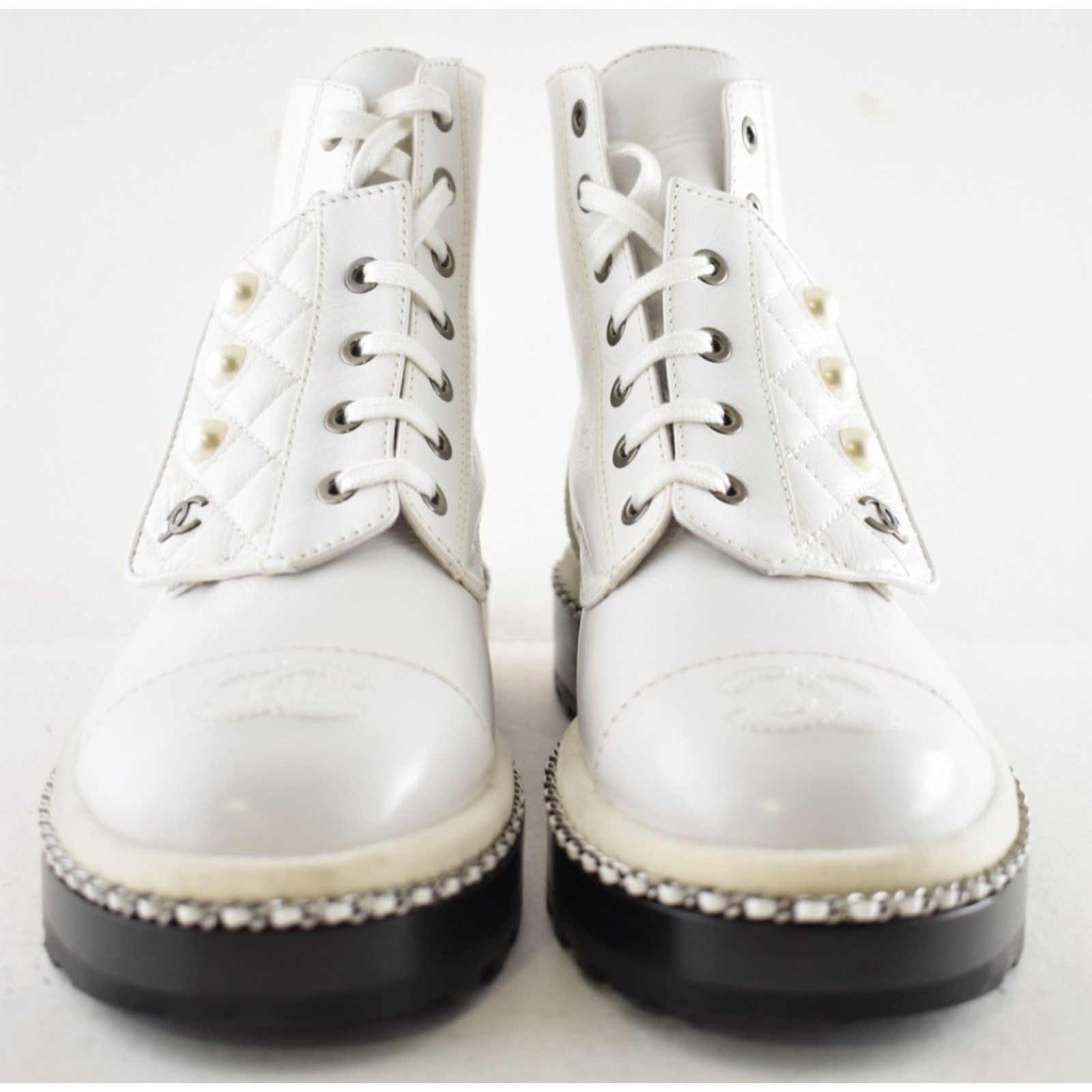 Chanel Chanel 18K White Pearl CC Chain Around Combat Lace Up Size US 7 / IT 37 - 9 Thumbnail