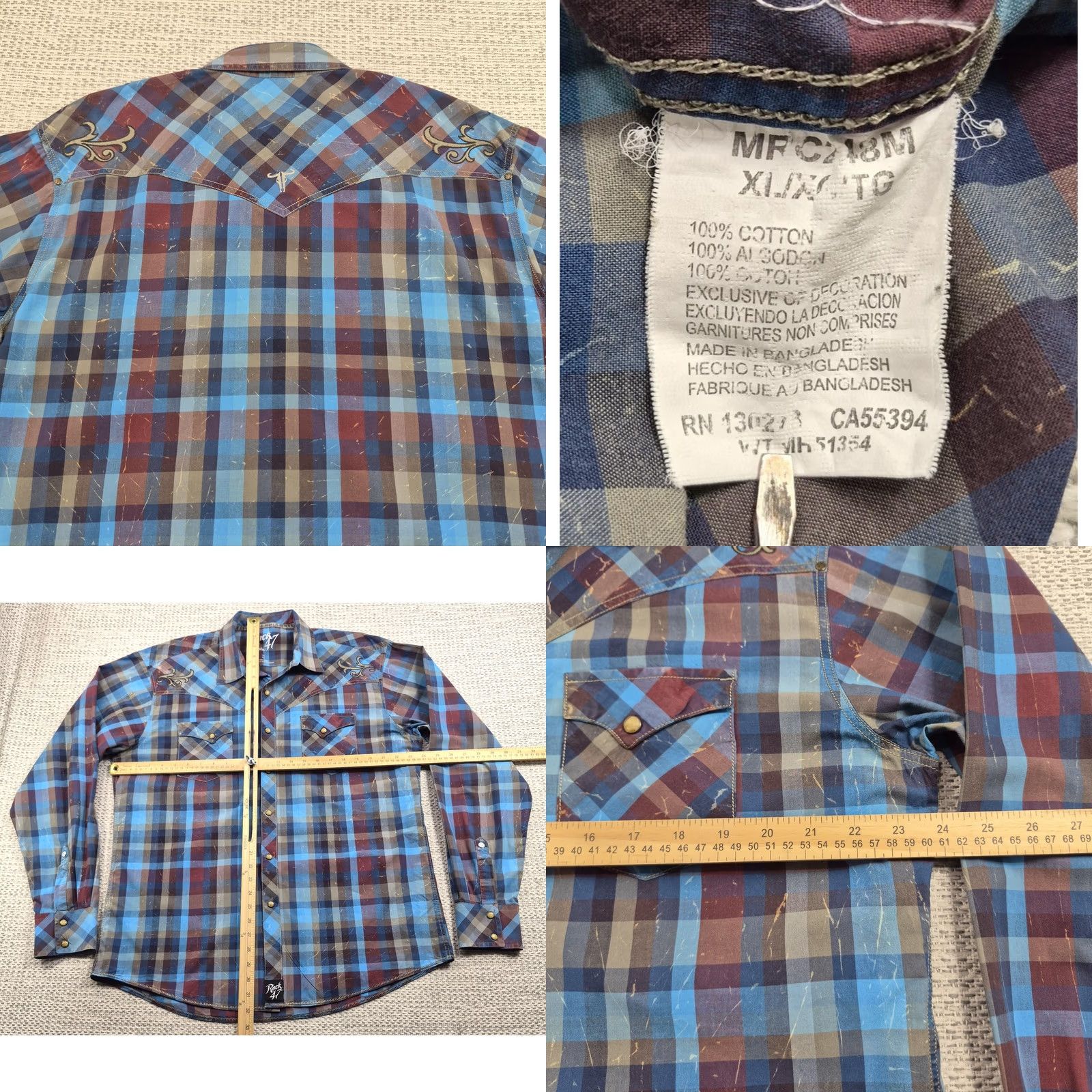 47 Rock 47 Wrangler Shirt Mens XL Blue Plaid Long Sleeve Western Snap Embroidered Size US XL / EU 56 / 4 - 8 Thumbnail