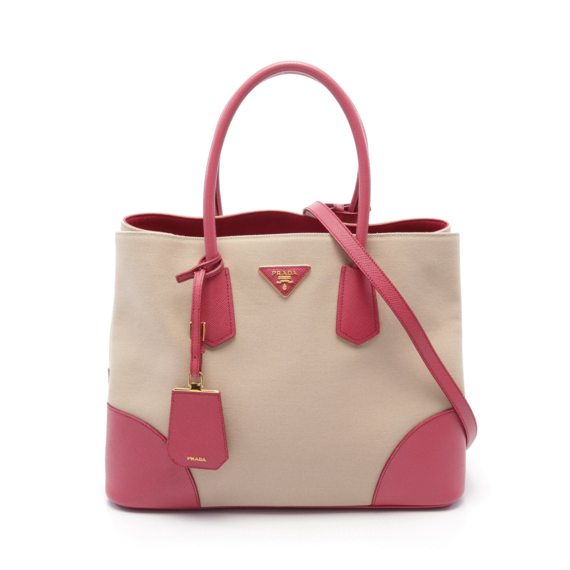 Prada Prada Kanapa Handbag Canvas Saffiano Leather Beige Pink Size ONE SIZE - 1 Thumbnail
