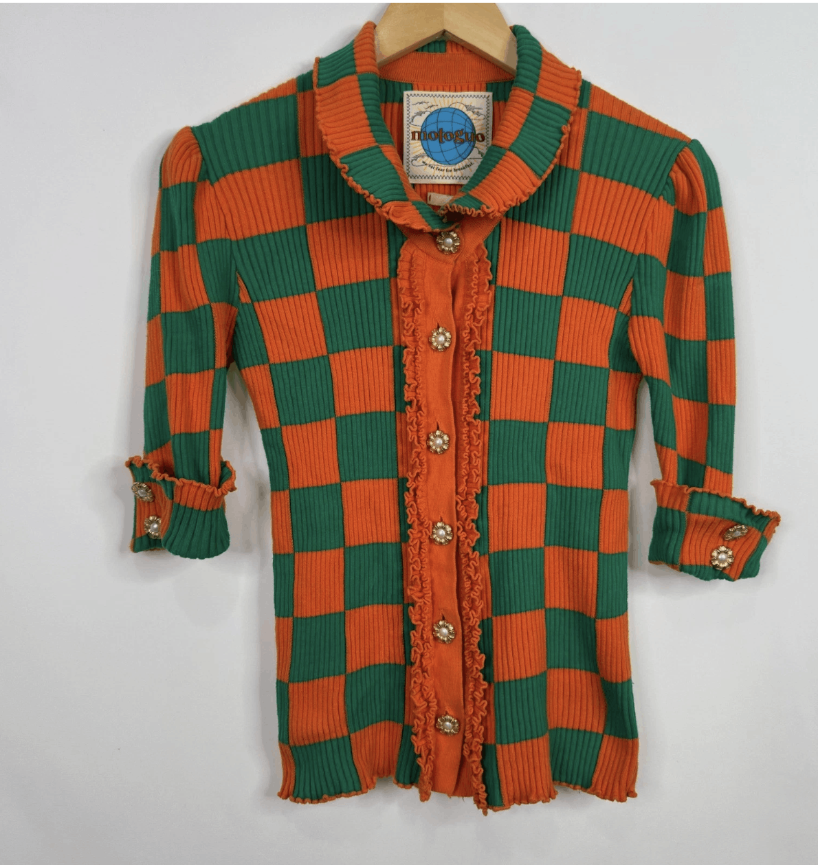Other Motoguo Orange Green Checkered Ribbed Knit Ruffle Cardigan Size S / US 4 / IT 40 - 4 Thumbnail