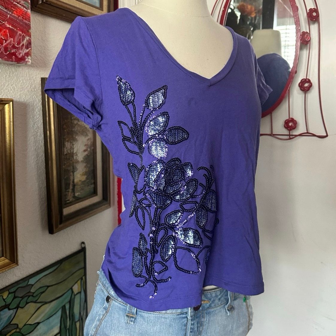 Other glo purple sequin floral v neck shirt Size XL / US 12-14 / IT 48-50 - 2 Thumbnail