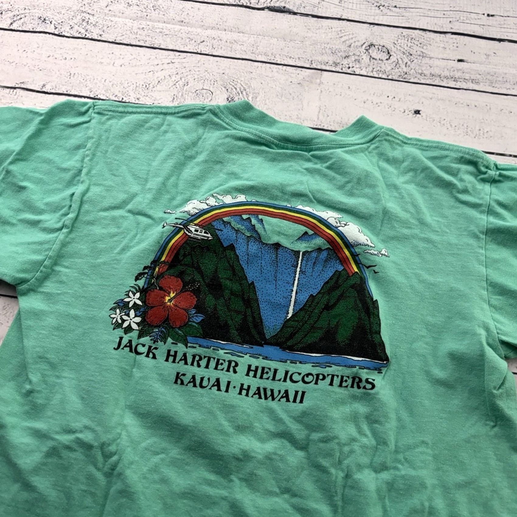 Vintage Oneita Power T Jack Harter Helicopters Kauai Hawaii Short Sleeve T Shirt Men's L Teal Size US L / EU 52-54 / 3 - 5 Thumbnail