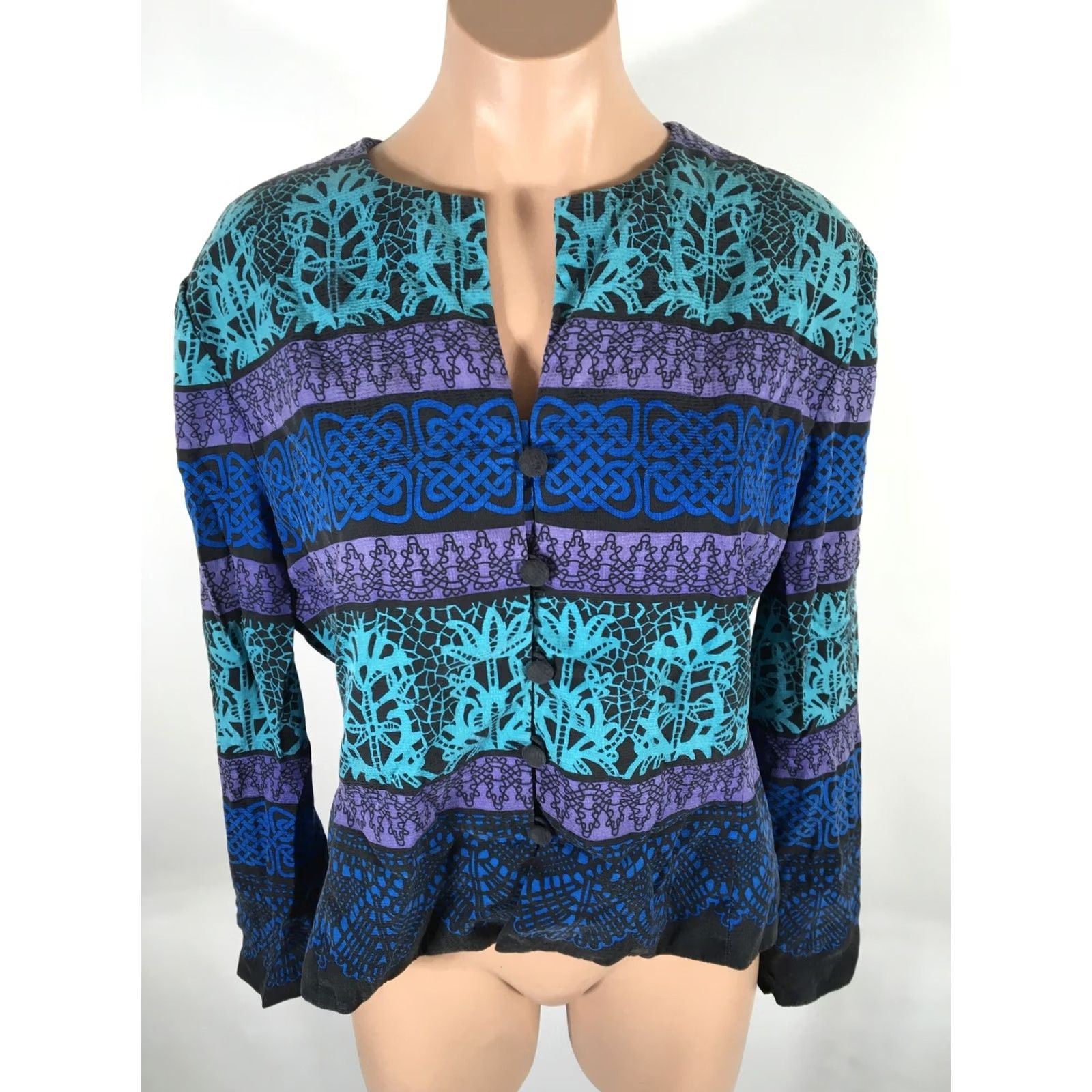 Adrianna Papell VINTAGE Adrianna Papell Talbots Silk Blazer 14 Blue Geometric Short Jacket Women Mens None? Size 36" / US 14 / IT 50 - 3 Thumbnail