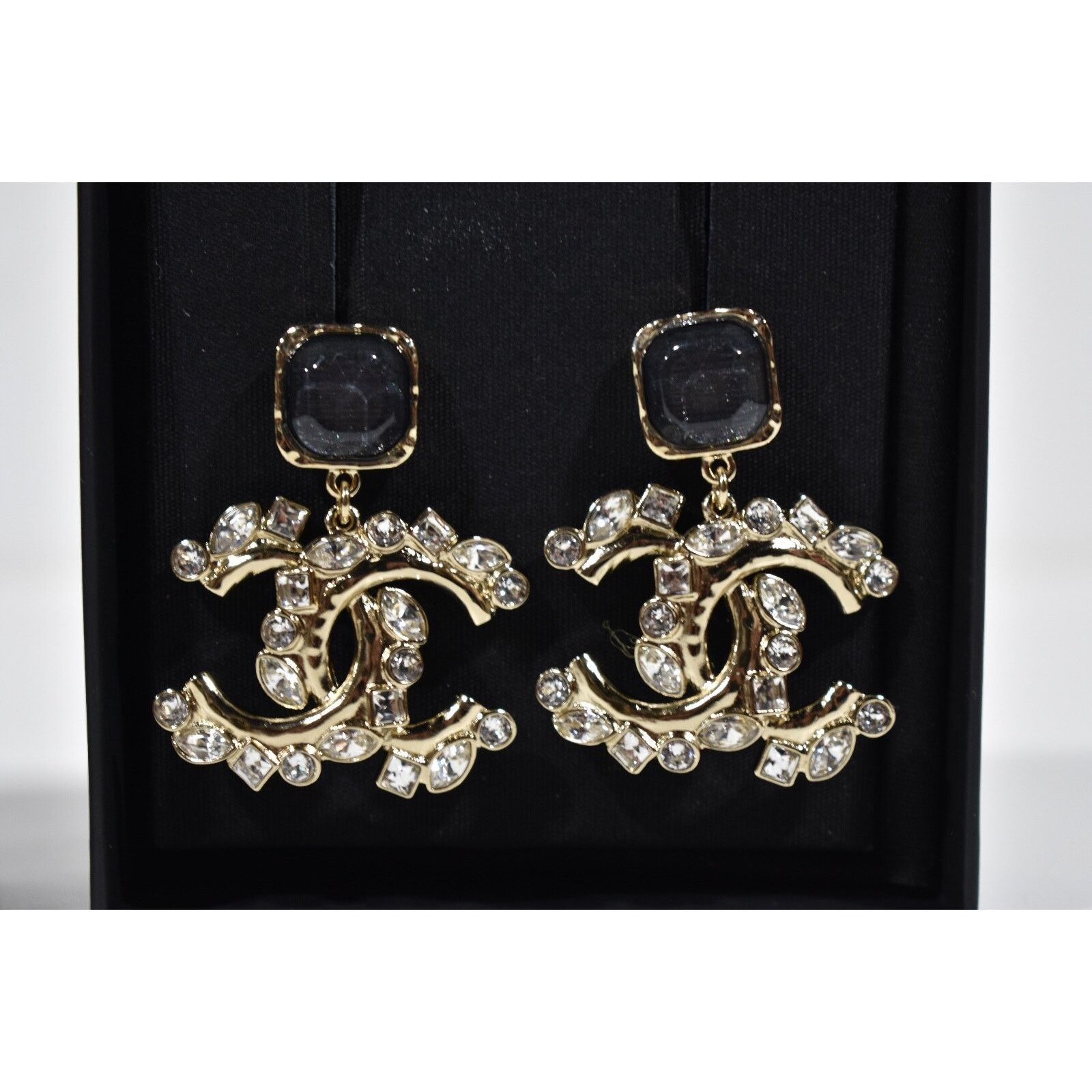 Chanel Chanel Gold Crystal Black XL Statement Stud Drop Earrings Size ONE SIZE - 7 Thumbnail
