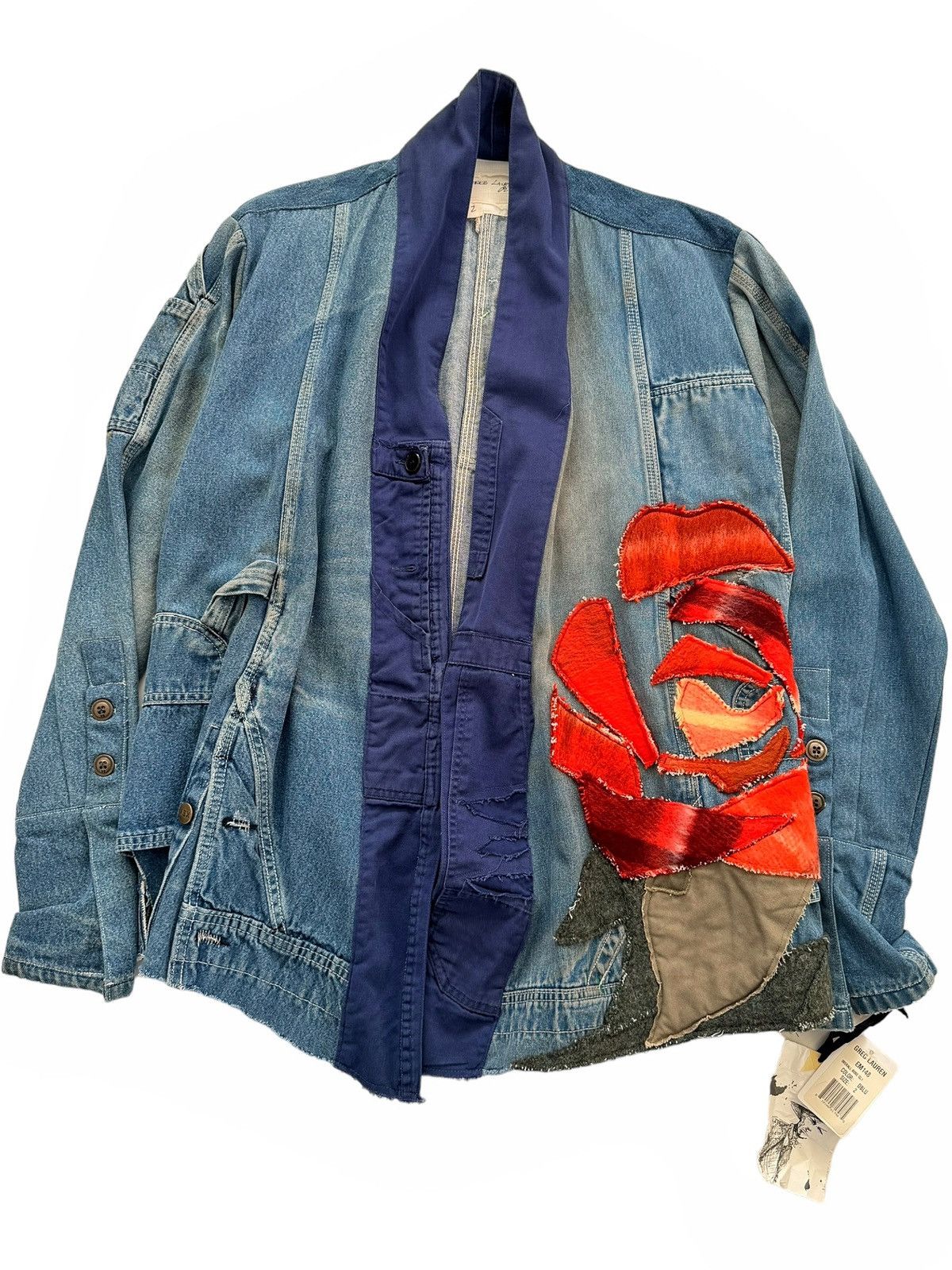 image of Greg Lauren Sz3 Grail Overall Rose Flower Gl1 Kimono in Blue, Men's (Size Medium)