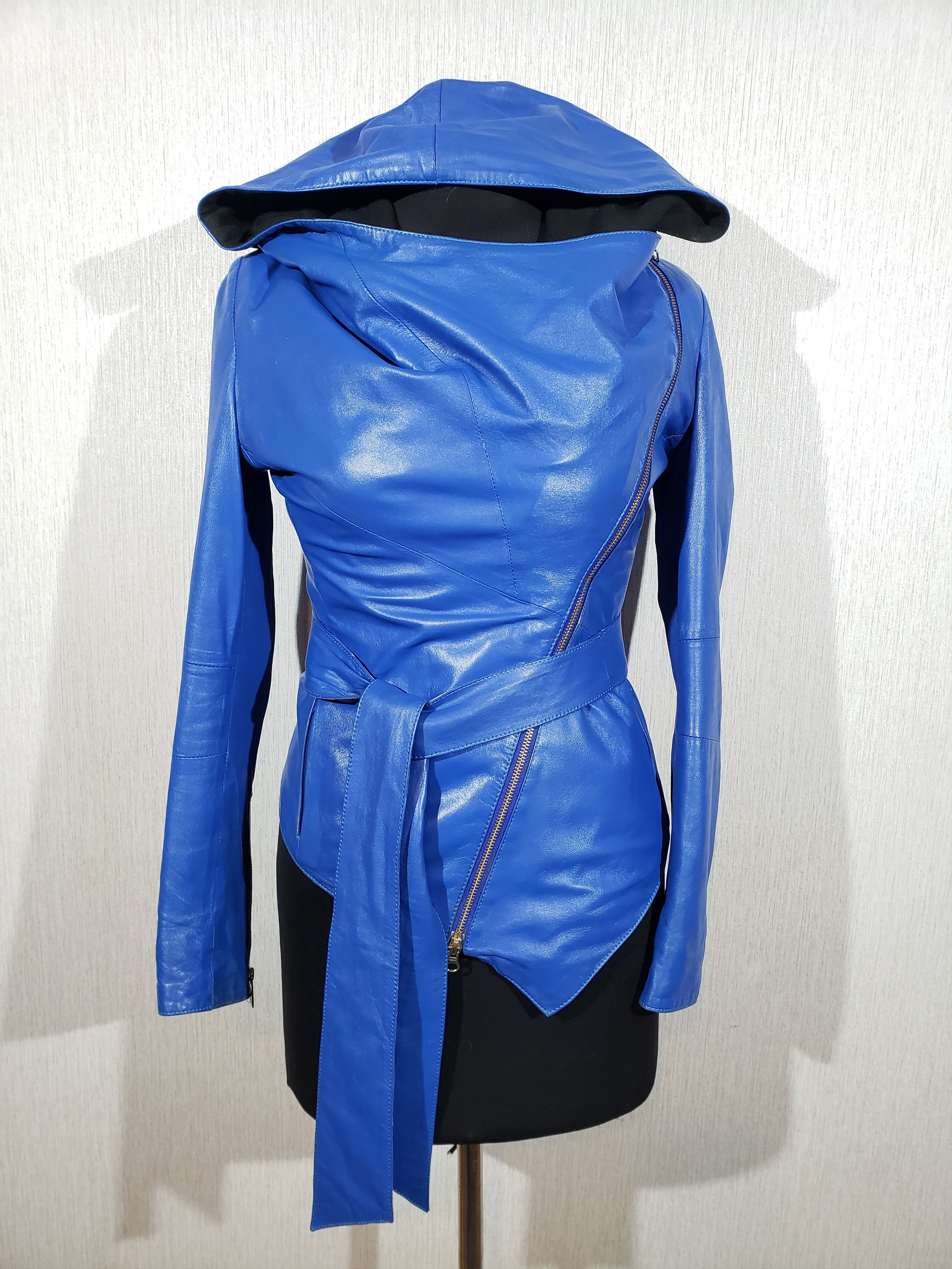 Other Stylish blue leather jacket for women with a hood. Size S / US 4 / IT 40 - 1 Thumbnail