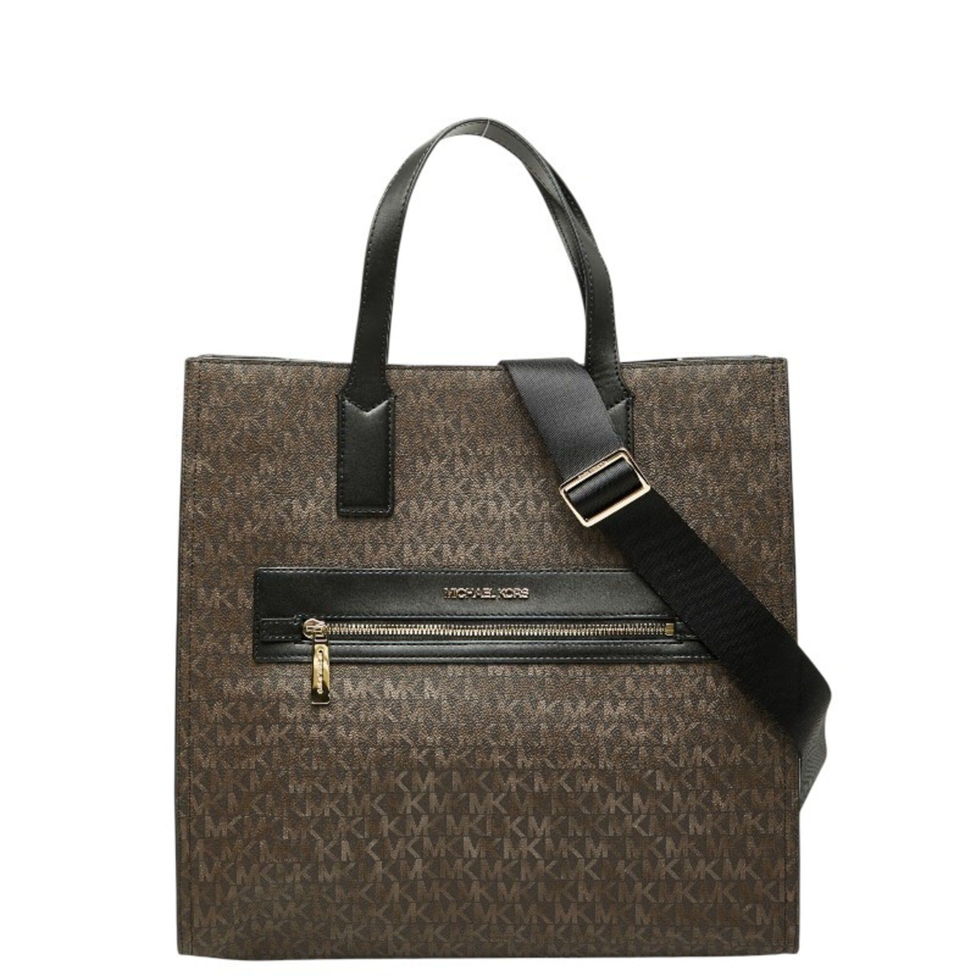 Michael Kors Michael Kors MK Signature Kenly LG NS Tote Bag Shoulder Handbag 2-Way Brown Black Leather Women's Size ONE SIZE - 1 Thumbnail