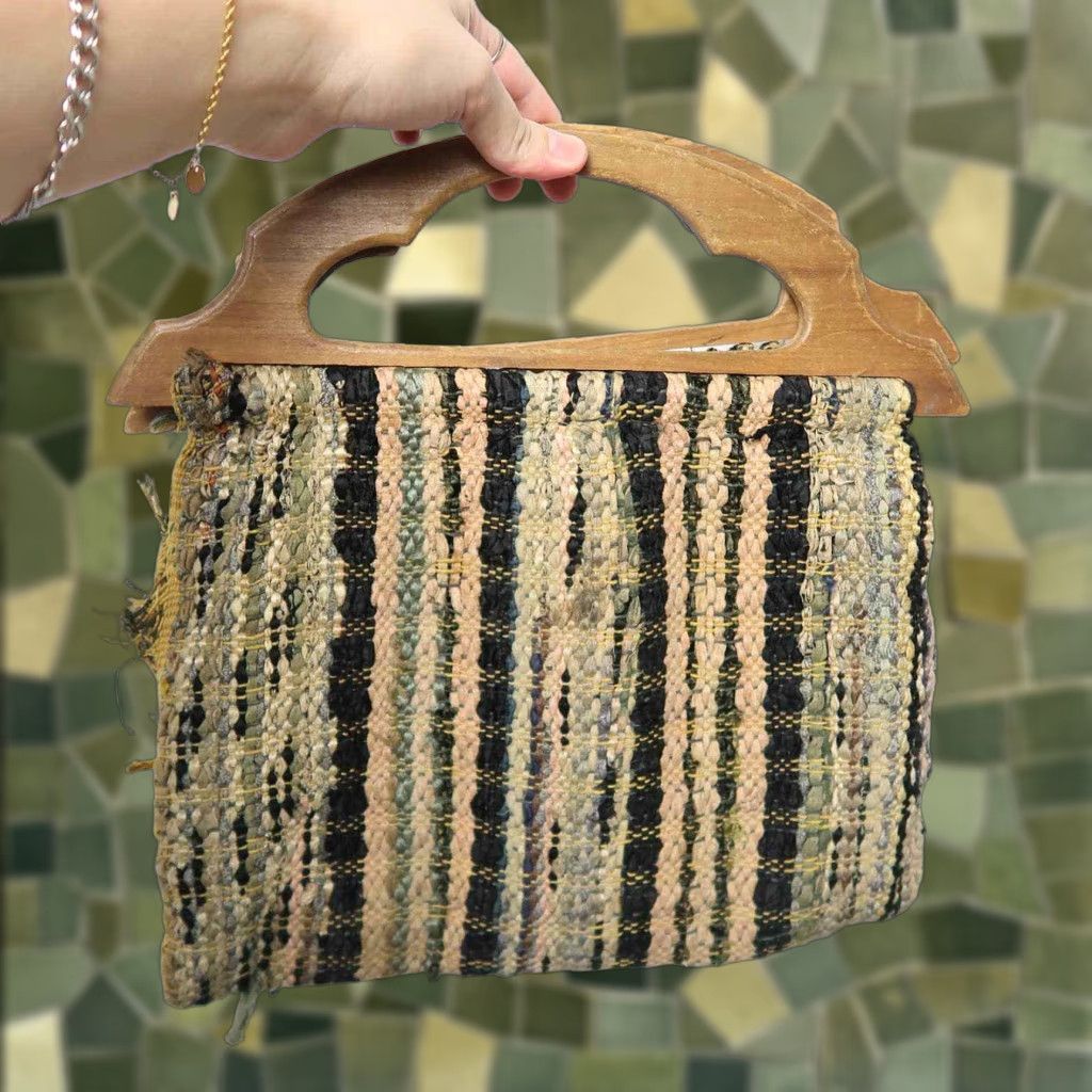 Vintage VINTAGE Handbag Purse 70s Tan Black Stripe Woven Wooden Handle Women Casual Hippy 13" x 13" Size ONE SIZE - 1 Thumbnail