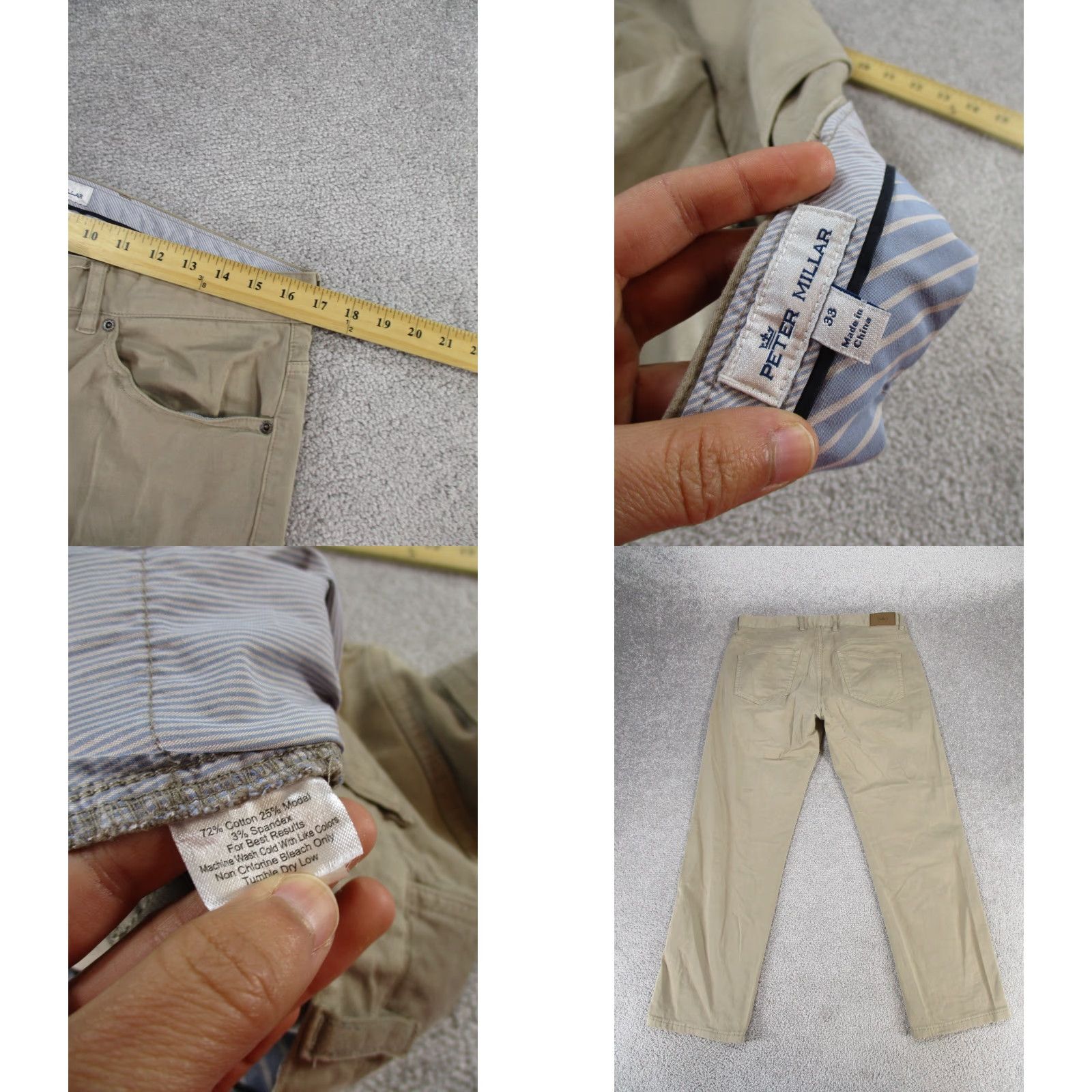 Peter Millar PETER MILLAR Pants Mens 33 Beige Cotton Blend Taper Leg Chino Flat Front Regular 28in Inseam Mens Size US 33 - 8 Thumbnail