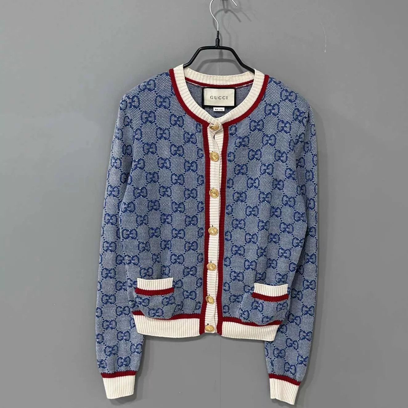 Gucci GUCCI blue all over logo gold button cardigan S Size S / US 4 / IT 40 - 1 Thumbnail