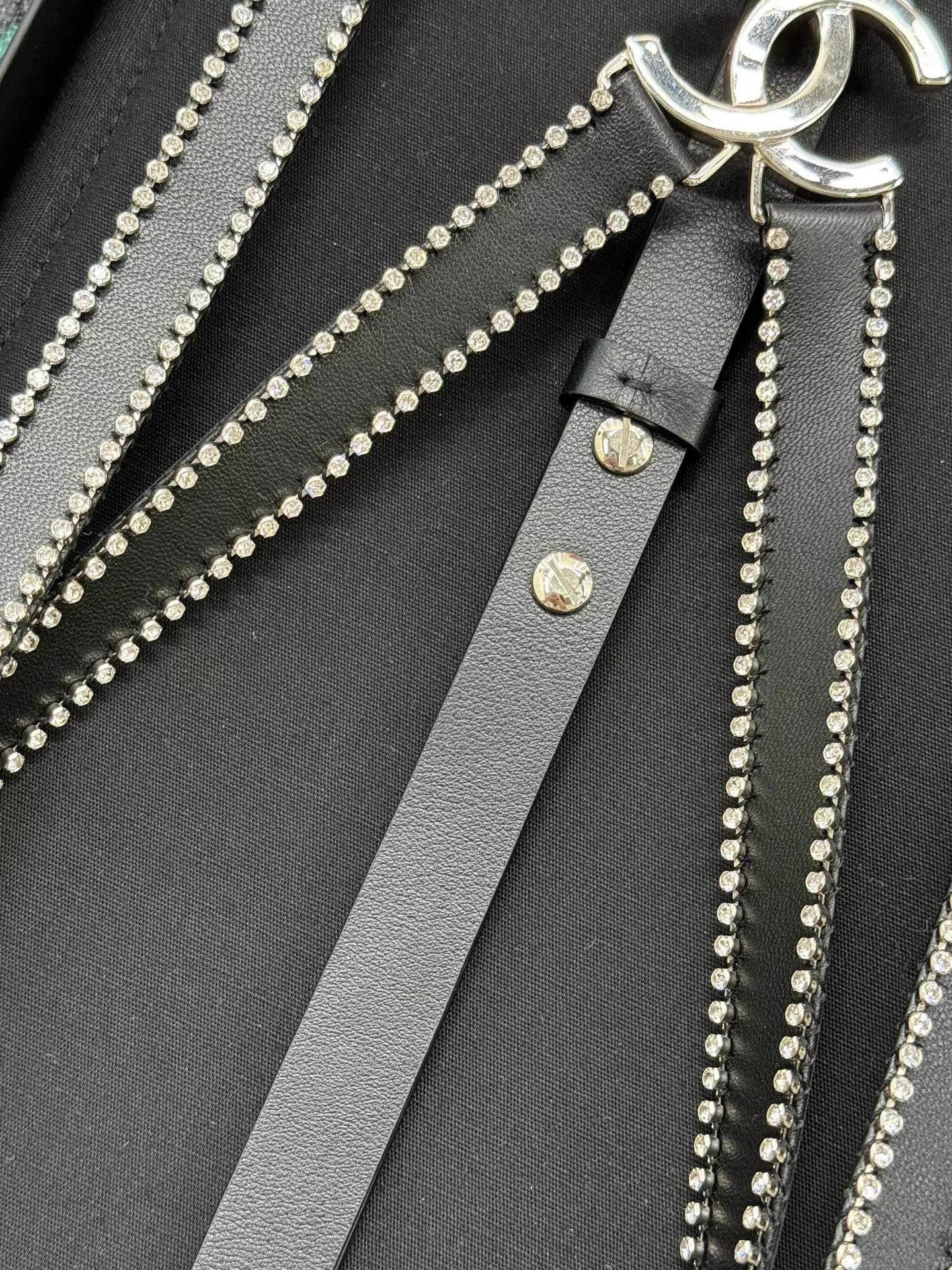 Chanel Chanel Black Rhinestone Logo Leather Suspenders NIB Size ONE SIZE - 5 Thumbnail