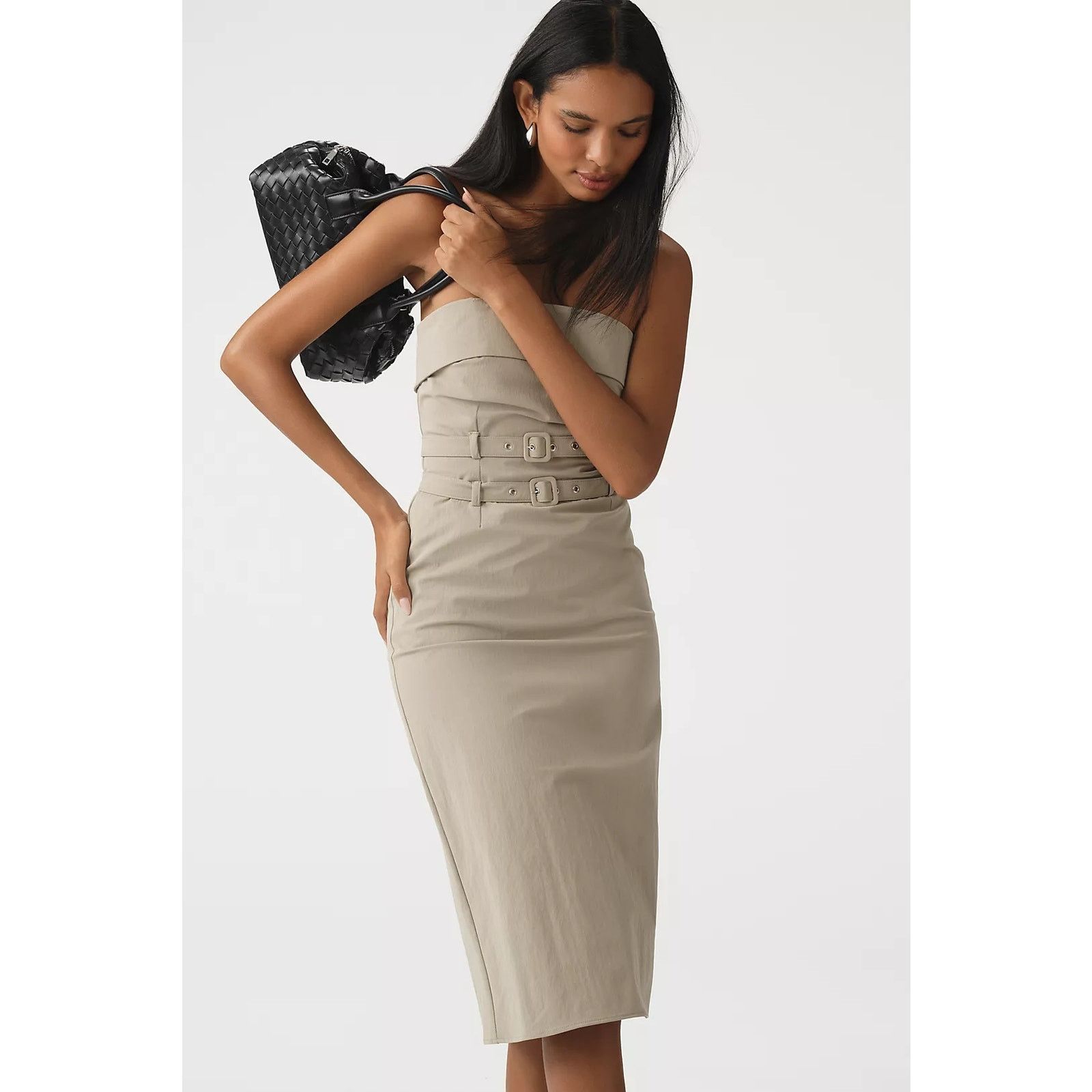 Anthropologie NWT Maeve Strapless Belted Midi Dress $168 X-SMALL Khaki Size XS / US 0-2 / IT 36-38 - 4 Thumbnail