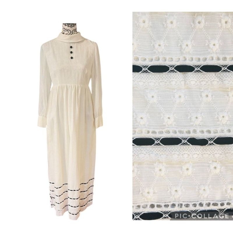 Vintage Vintage Lori Till 70's White Black Prairie Maxi Dress Small Size S / US 4 / IT 40 - 1 Thumbnail