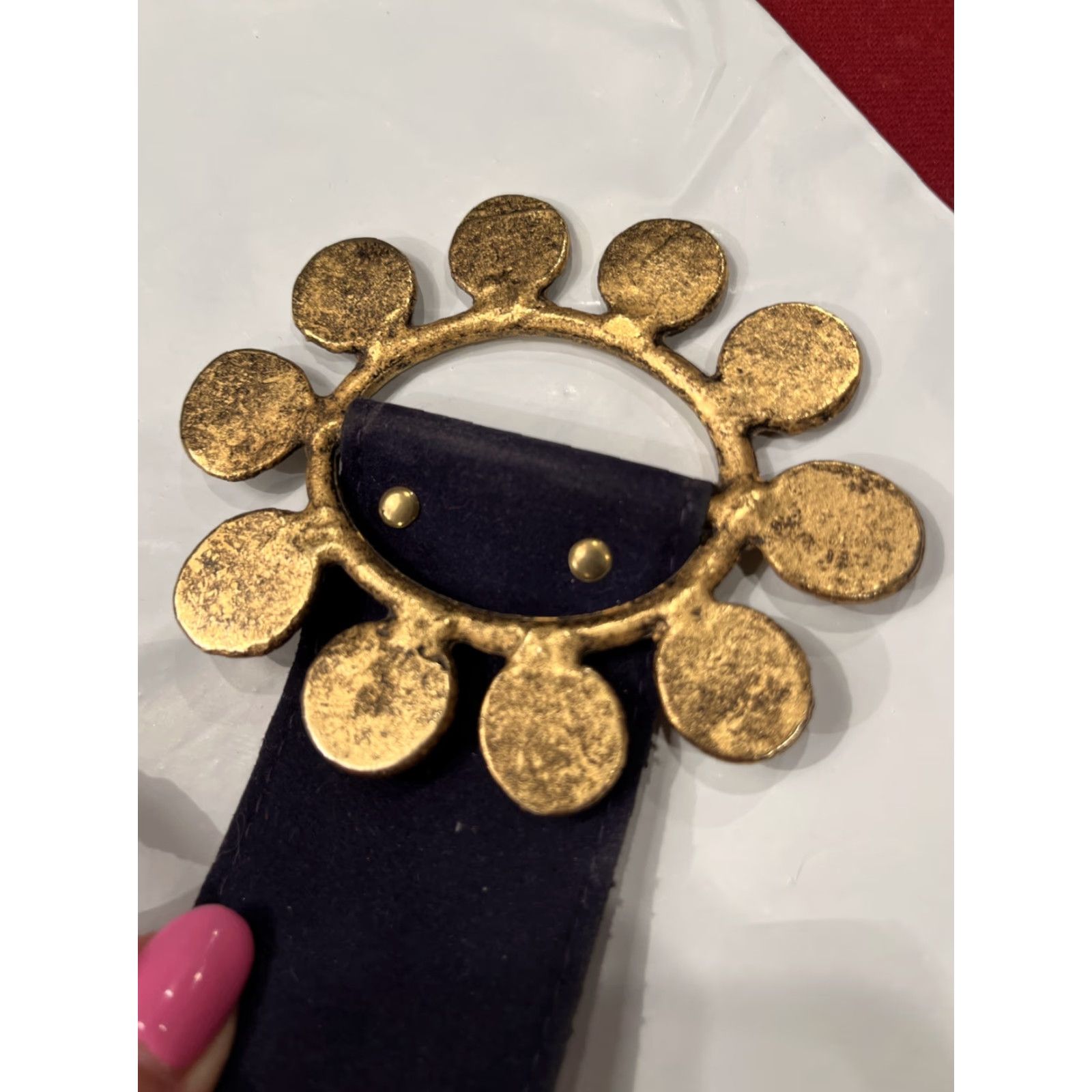 Velvet VINTAGE blue Velvet BELT 34”long Wide 2” Buckle Copper Disc LOOP Golden Circle Buckle Navy Blue Velvet Feel Adjustable Women Size ONE SIZE - 6 Thumbnail