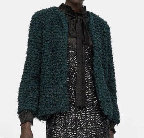 Zara Zara Green Fuzzy Fringe Jacket Size S Size S / US 4 / IT 40 - 1 Thumbnail