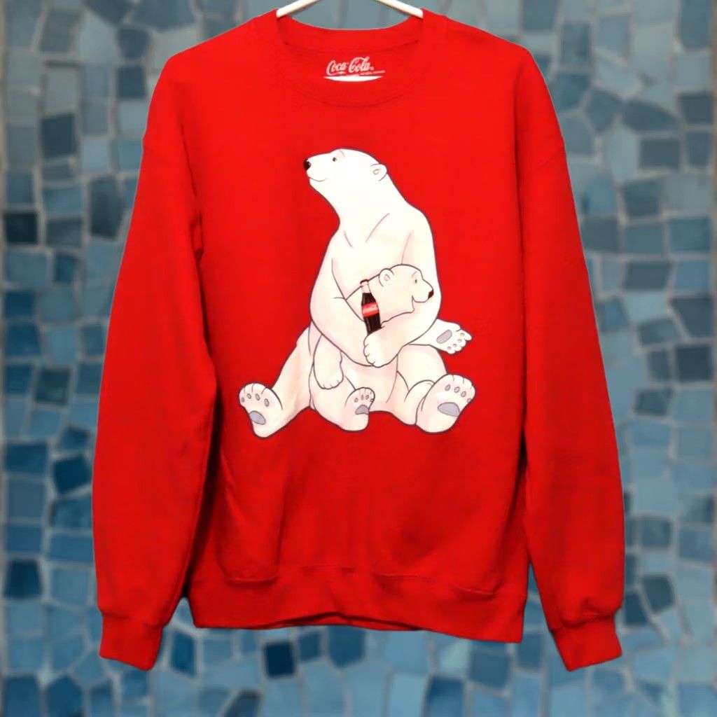 Vintage Coca-Cola Sweatshirt Mens M Red Crew Neck Polar Bear & Cub Graphic Print Fleece Cotton Polyester Pullover All Seasons Size US M / EU 48-50 / 2 - 1 Thumbnail